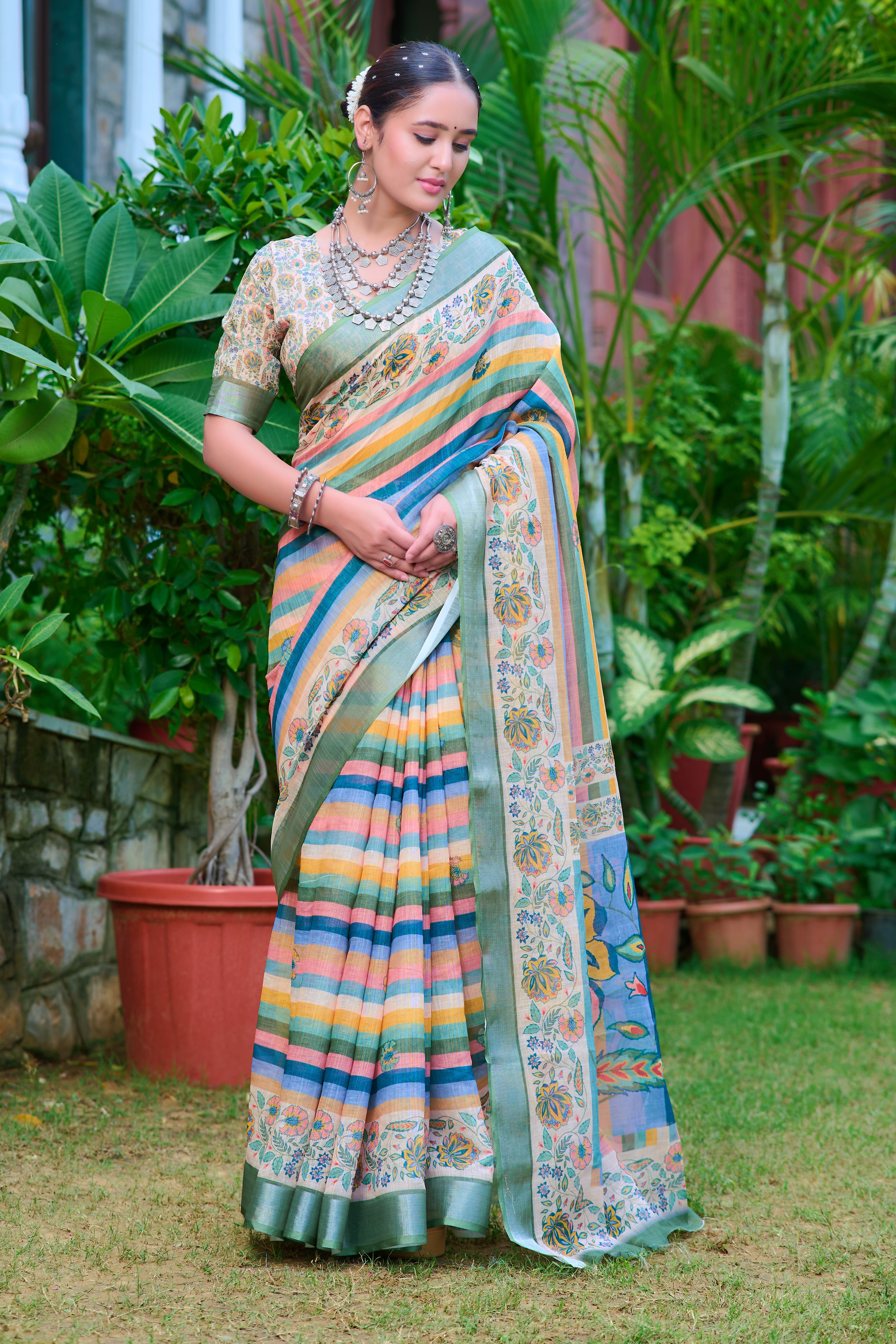 Attractive Multi Color Color Pure Cotton Lilen With Digital Printed Designer Saree