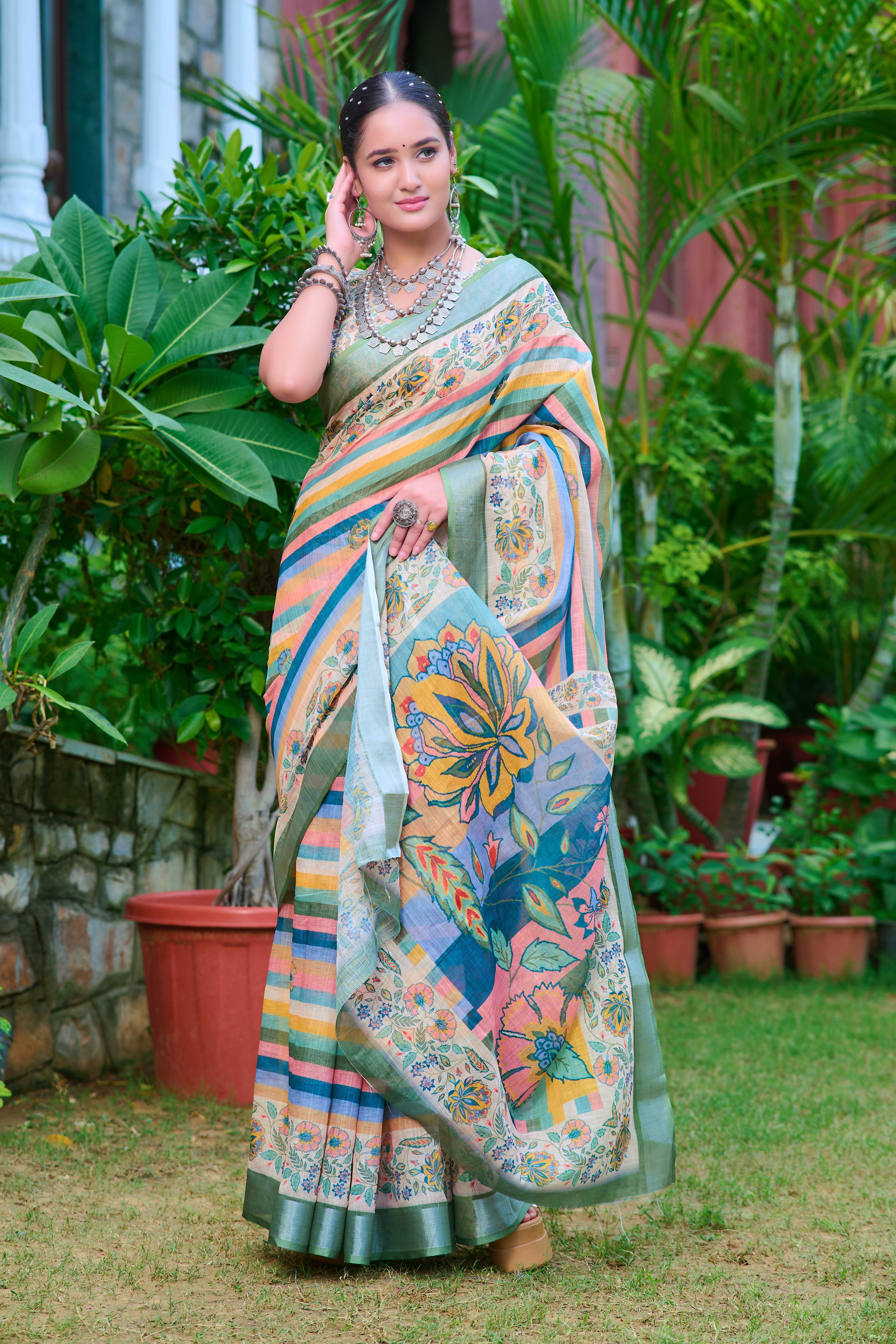 Attractive Multi Color Color Pure Cotton Lilen With Digital Printed Designer Saree