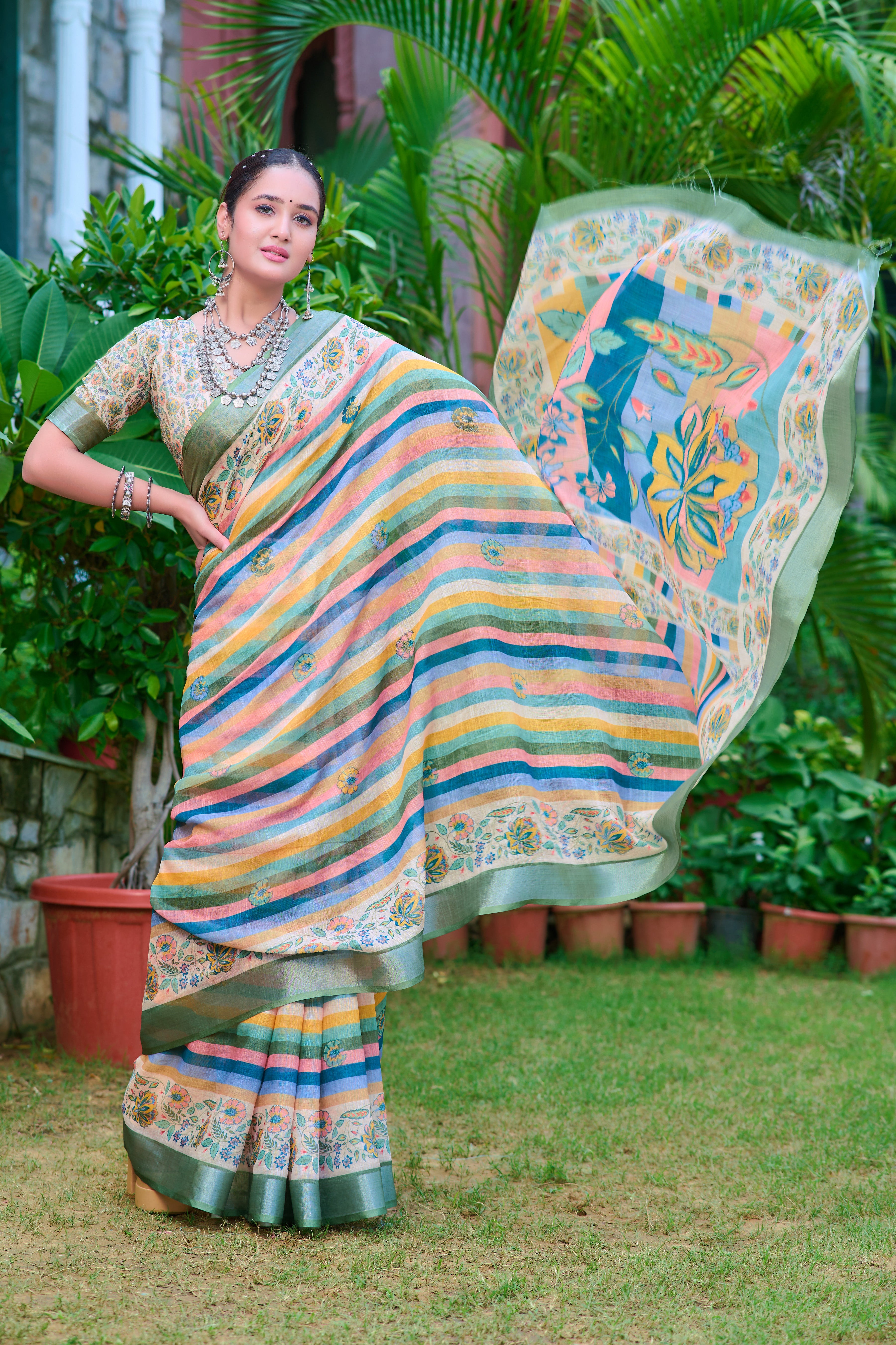 Attractive Multi Color Color Pure Cotton Lilen With Digital Printed Designer Saree