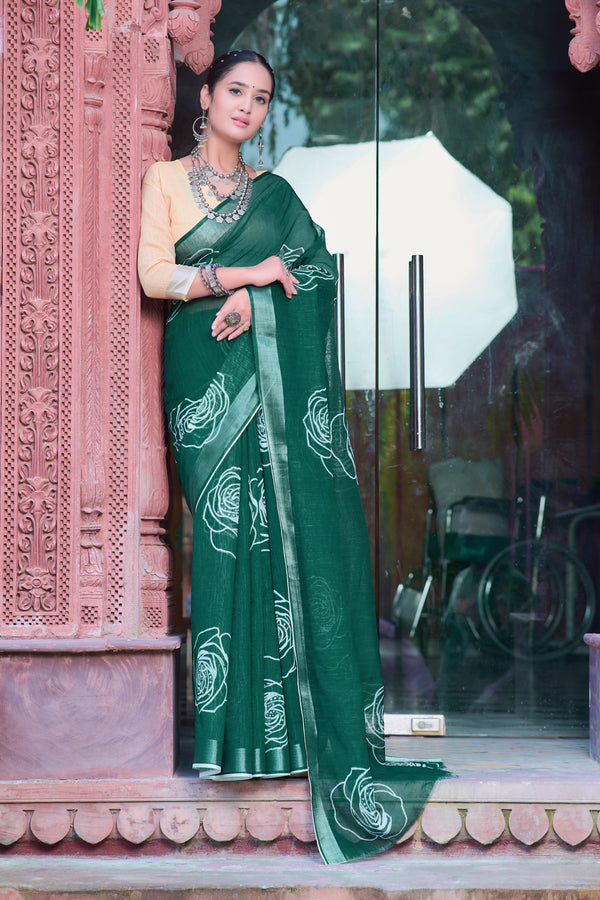 Lovely Green Color Color Pure Cotton Lilen With Digital Printed Designer Saree