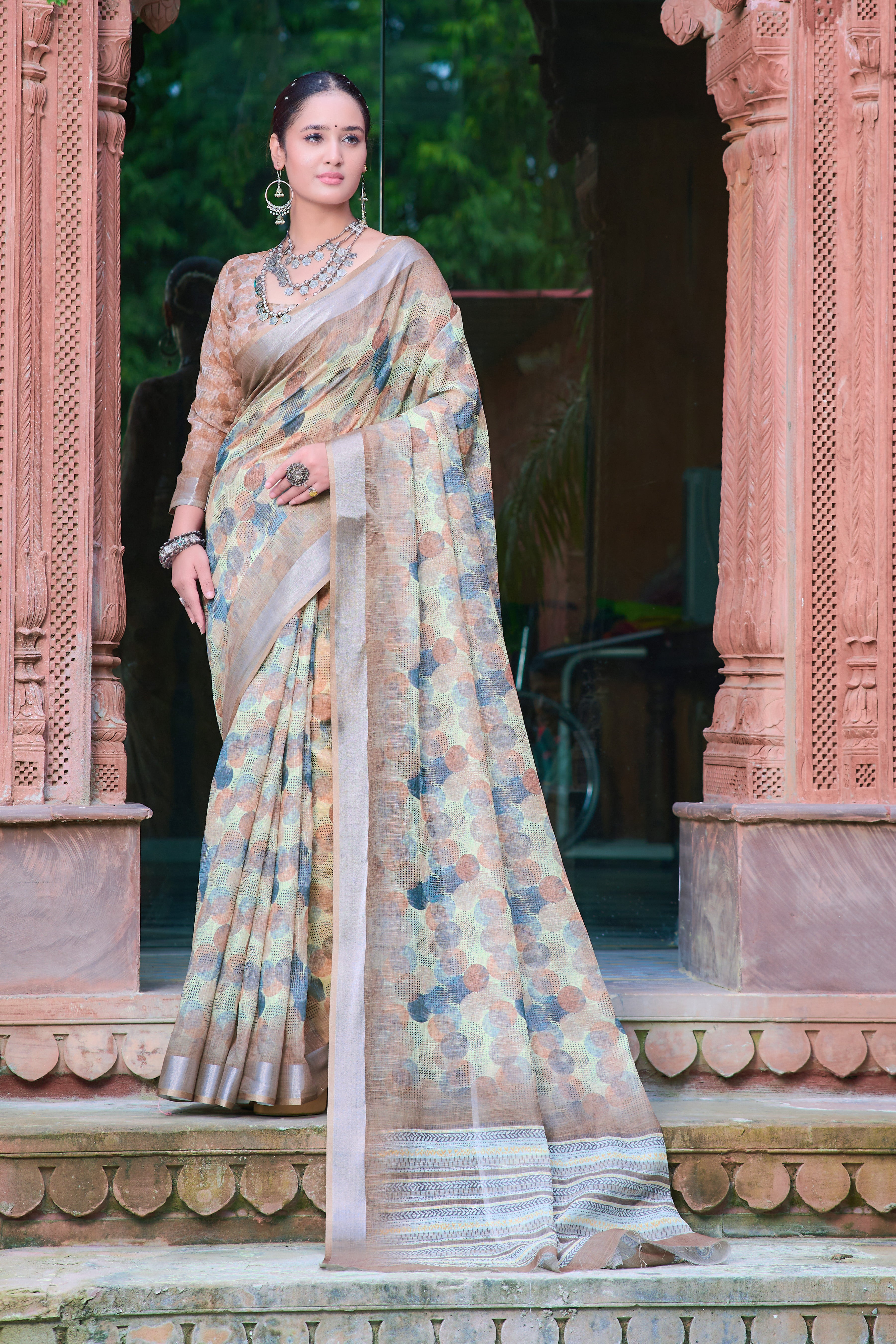 Alluring Multi Color Color Pure Cotton Lilen With Digital Printed Designer Saree