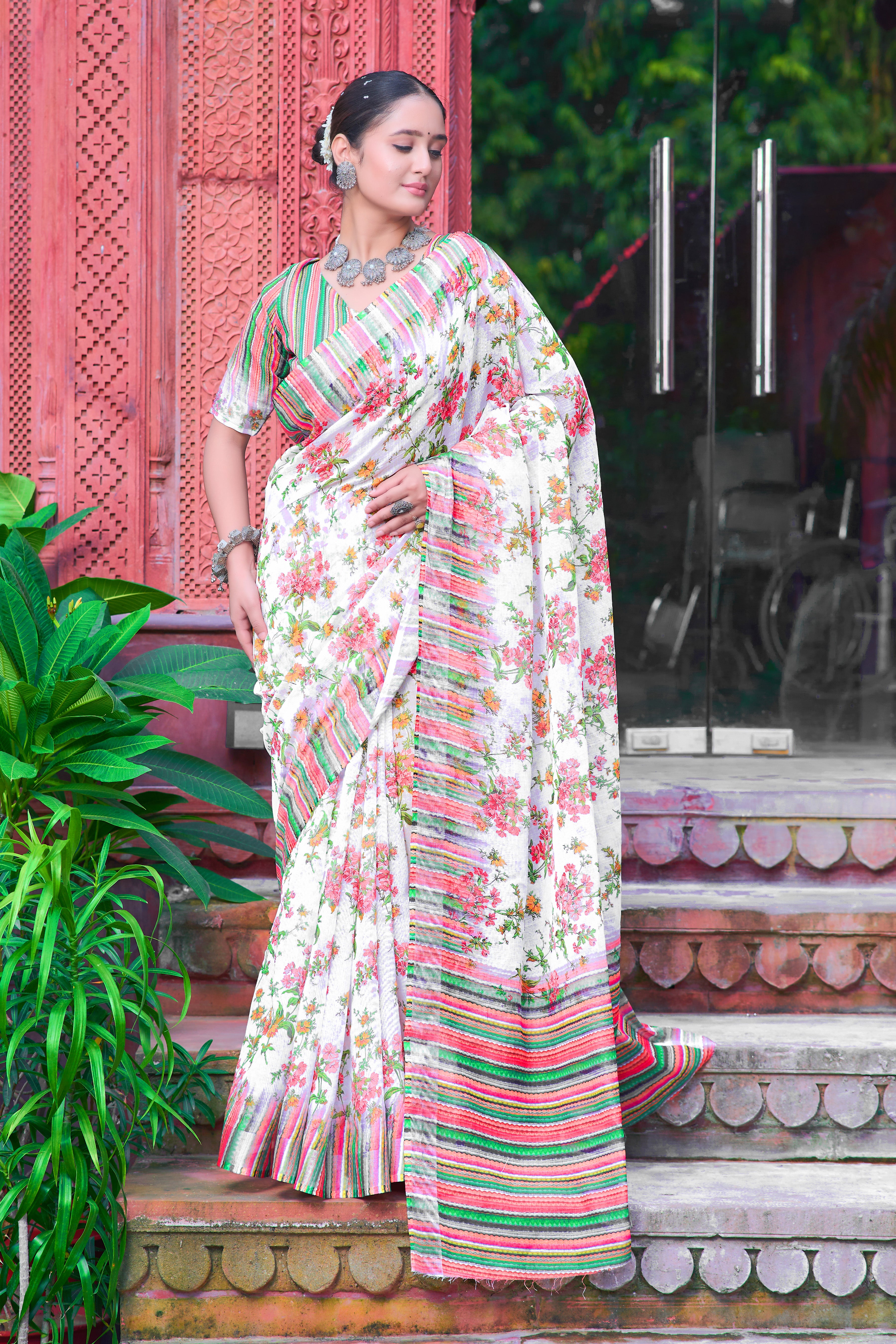 Embellished Cream Color Color Pure Cotton Lilen With Digital Printed Designer Saree