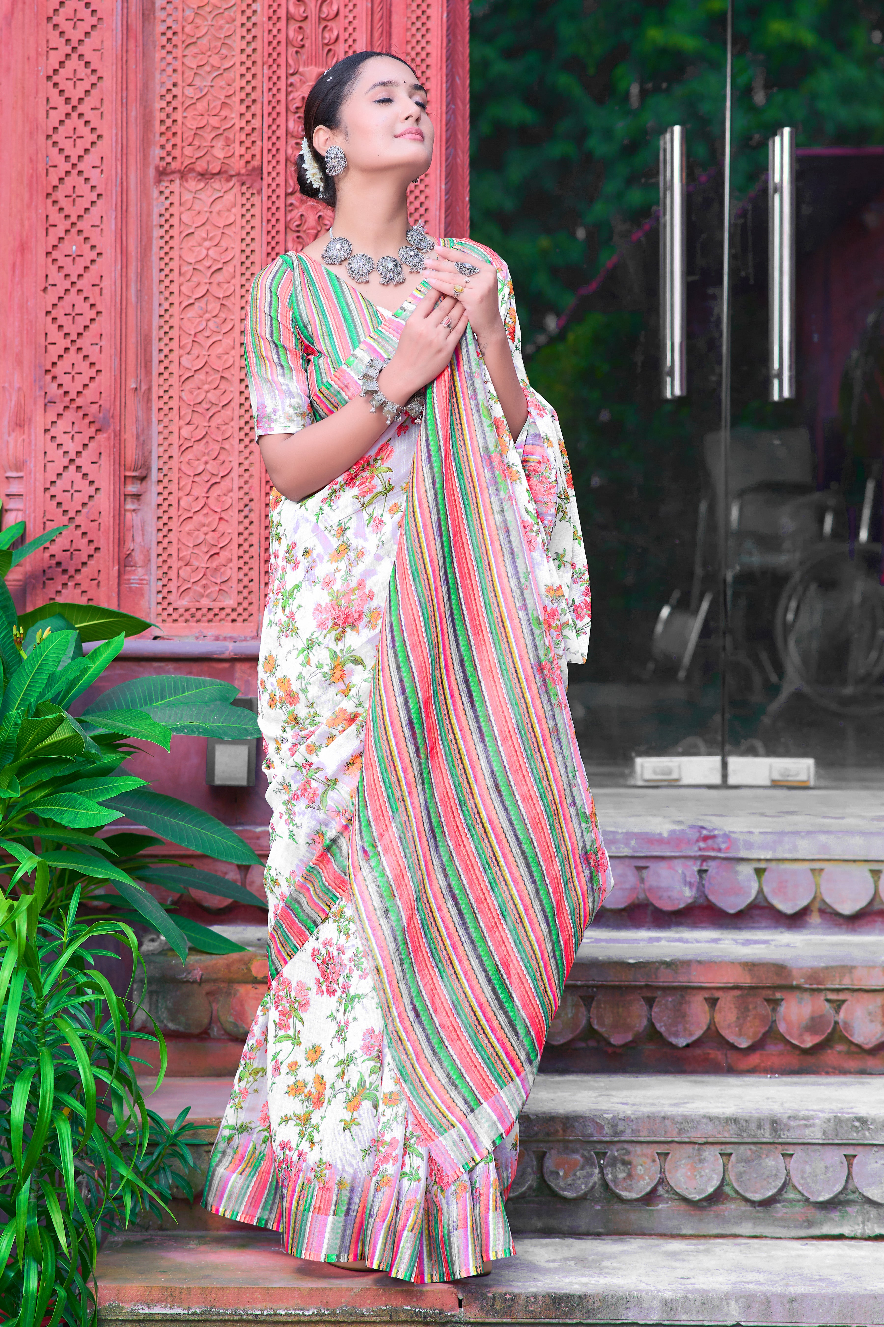 Embellished Cream Color Color Pure Cotton Lilen With Digital Printed Designer Saree