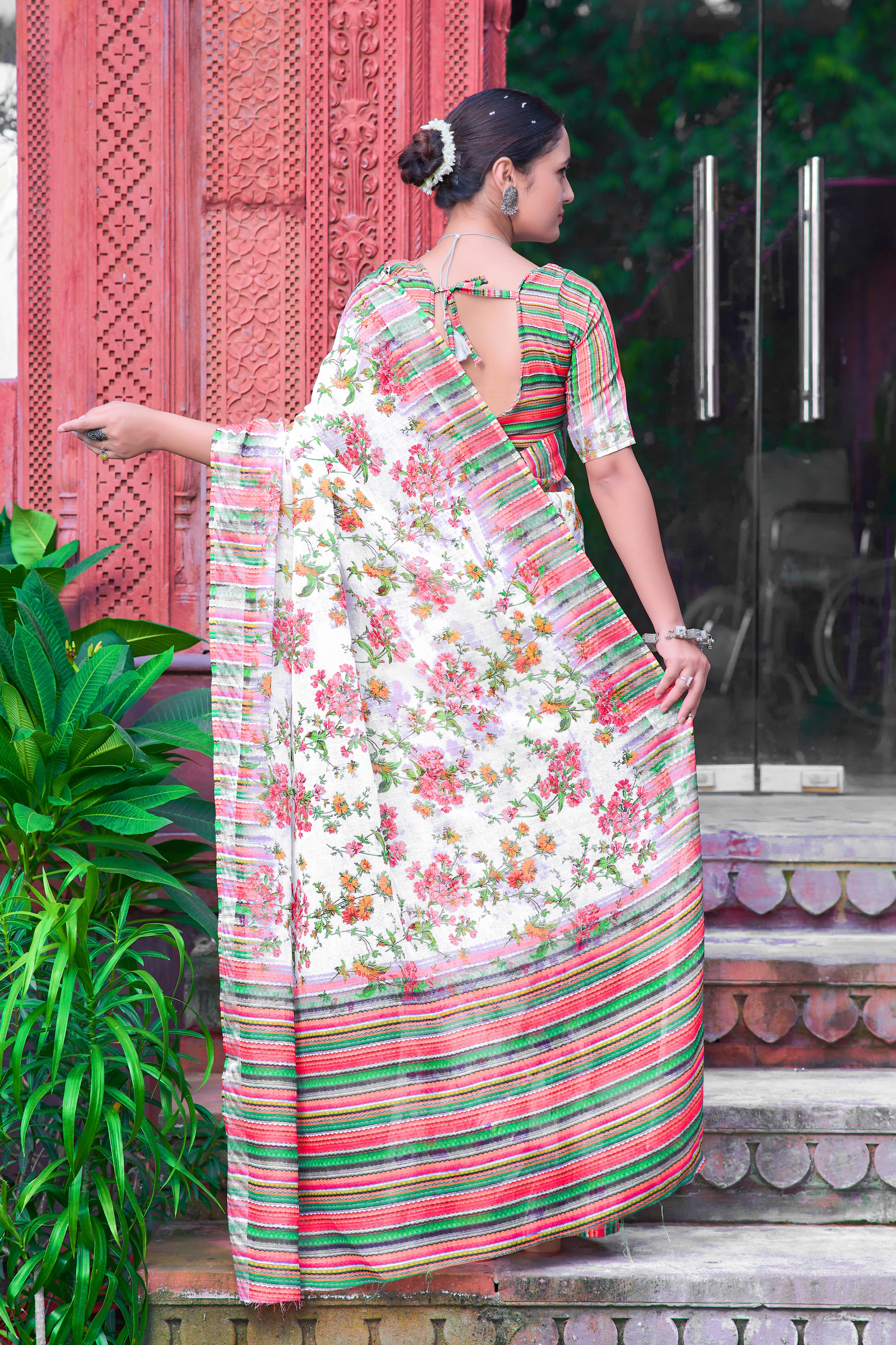 Embellished Cream Color Color Pure Cotton Lilen With Digital Printed Designer Saree