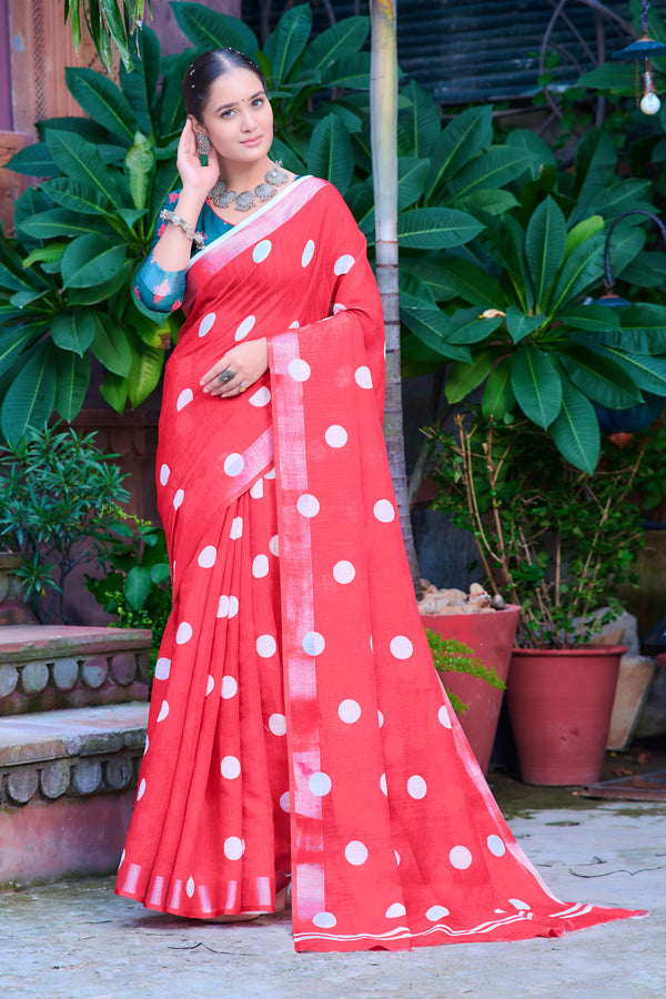 Marvelous Red Color Color Pure Cotton Lilen With Digital Printed Designer Saree