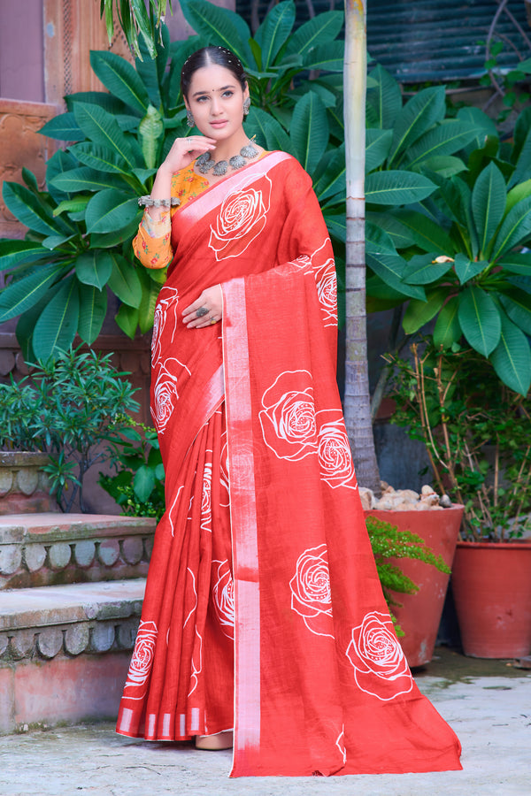 Trendy Red Color Color Pure Cotton Lilen With Digital Printed Designer Saree