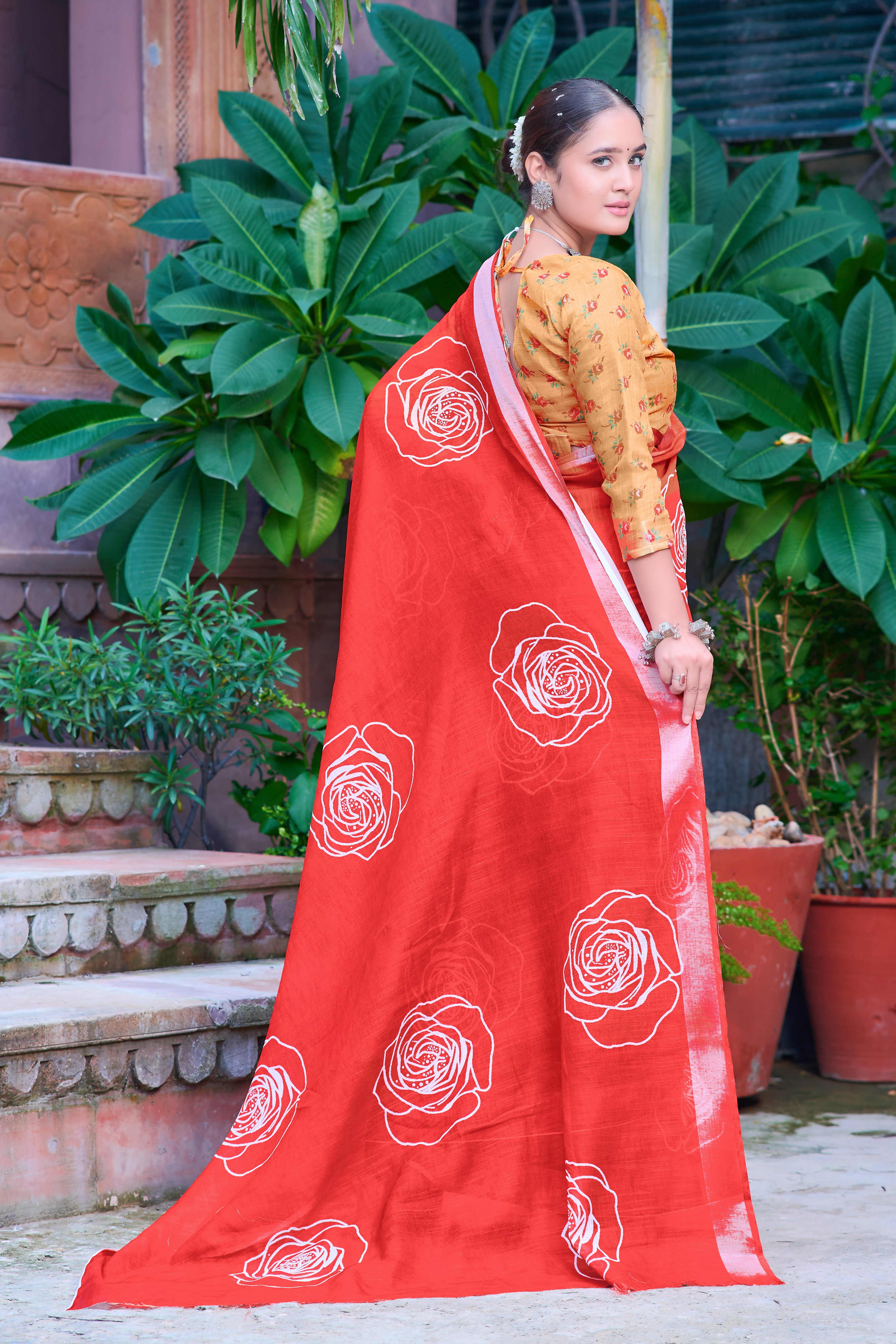 Trendy Red Color Color Pure Cotton Lilen With Digital Printed Designer Saree