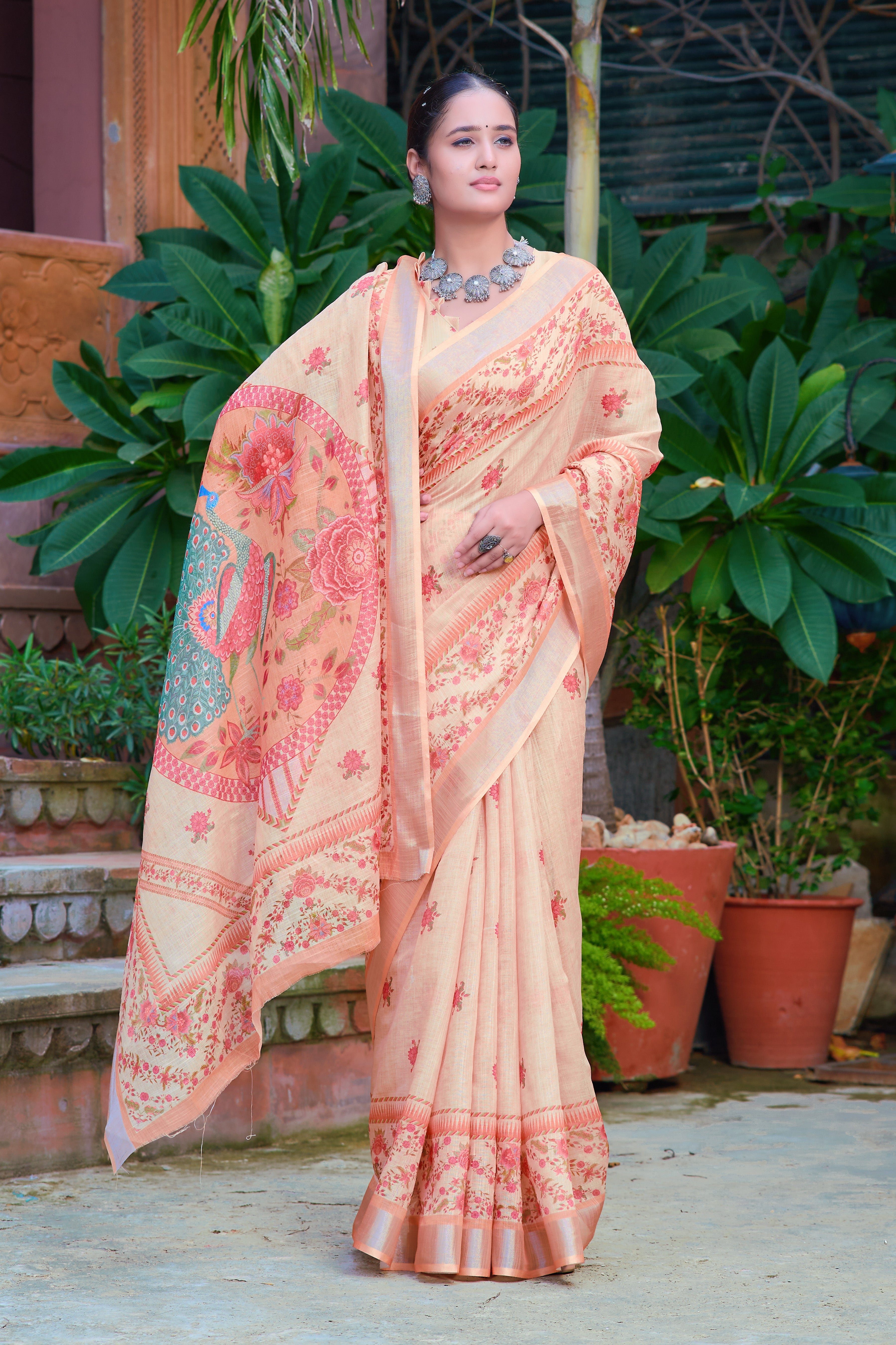 Mesmerizing Beige Color Color Pure Cotton Lilen With Digital Printed Designer Saree