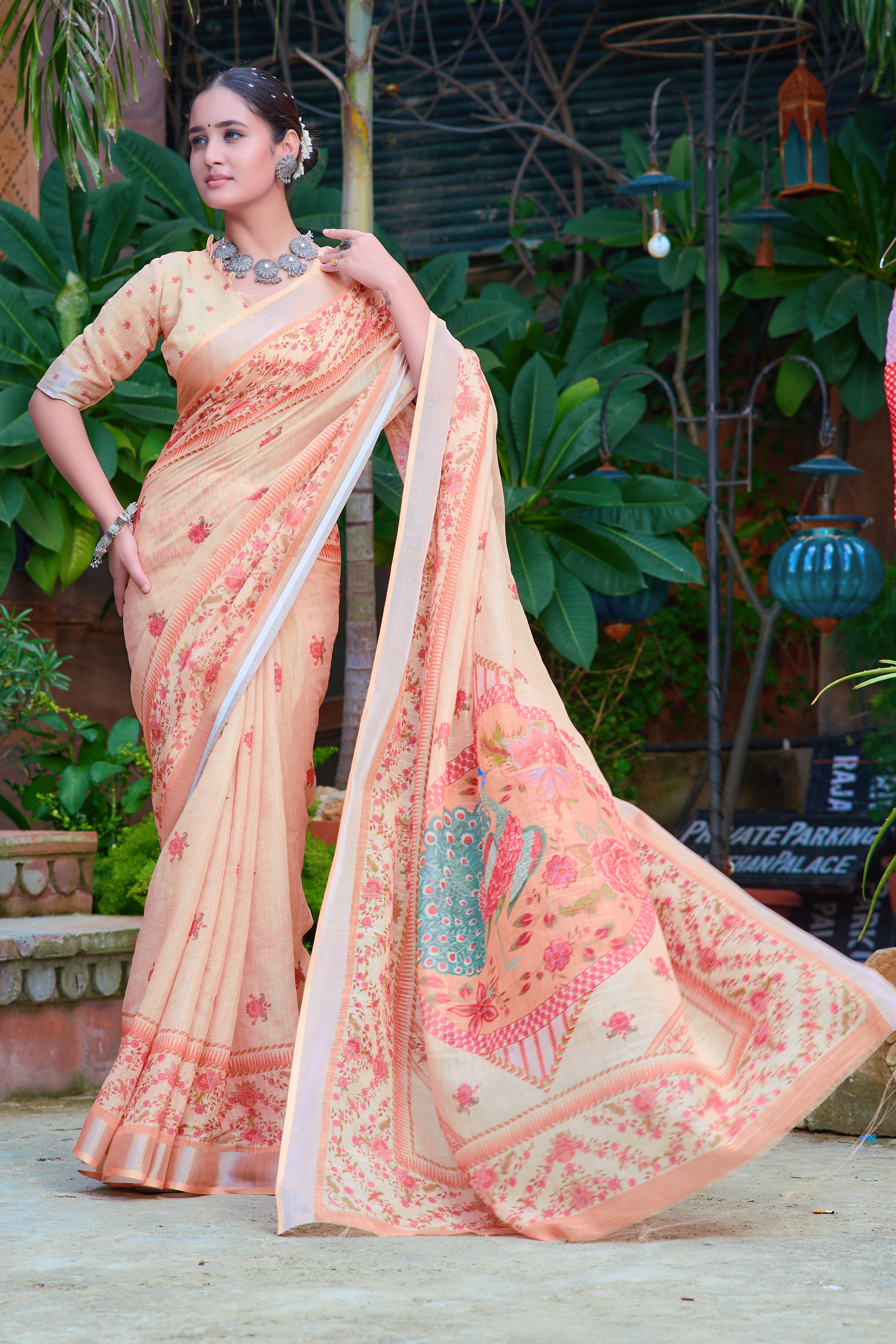 Mesmerizing Beige Color Color Pure Cotton Lilen With Digital Printed Designer Saree