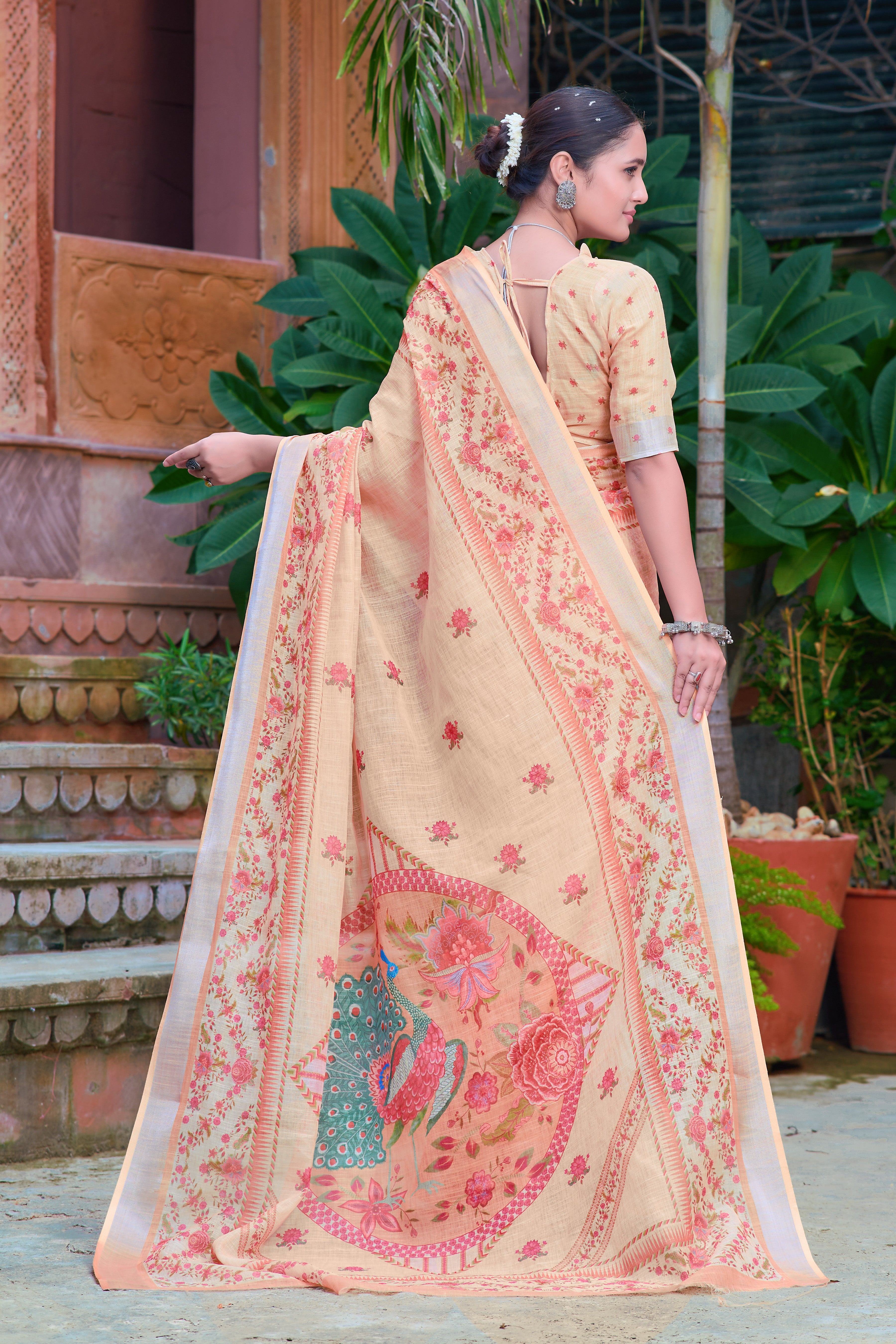 Mesmerizing Beige Color Color Pure Cotton Lilen With Digital Printed Designer Saree