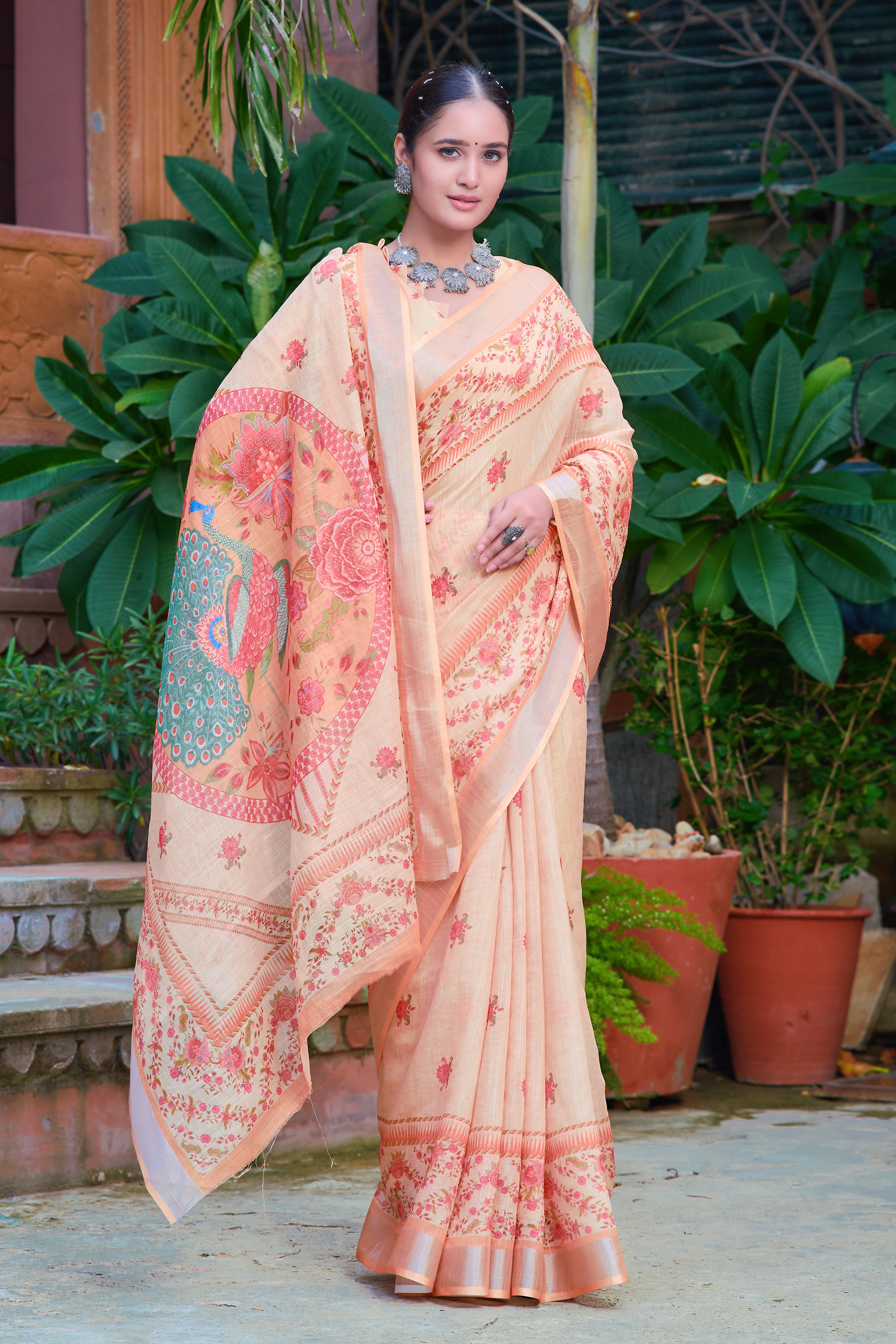 Mesmerizing Beige Color Color Pure Cotton Lilen With Digital Printed Designer Saree