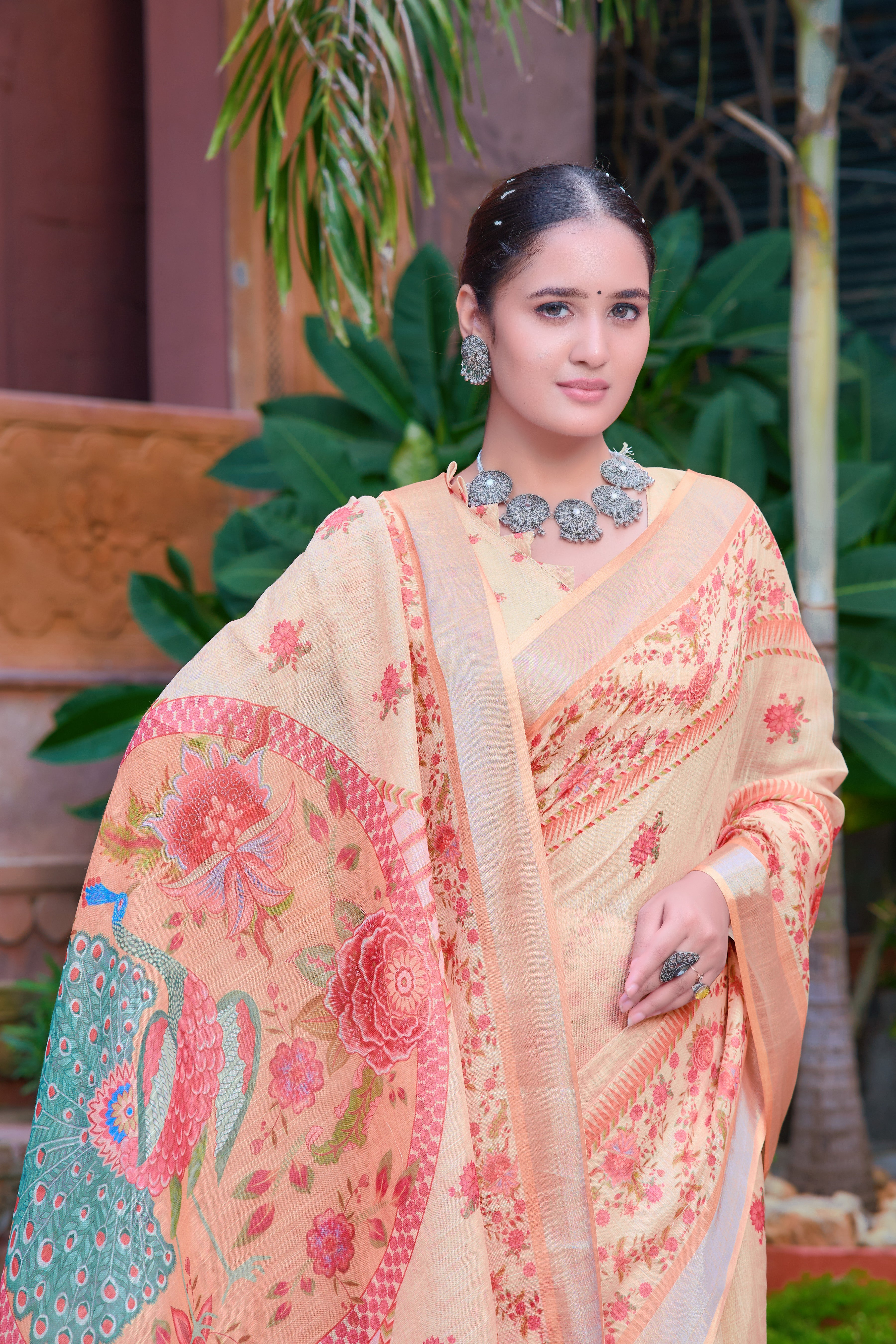 Mesmerizing Beige Color Color Pure Cotton Lilen With Digital Printed Designer Saree