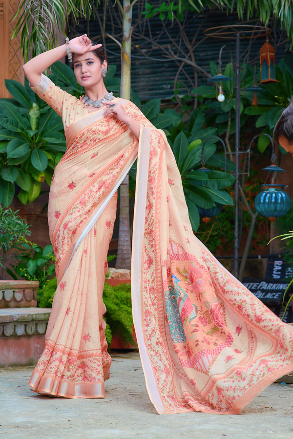 Mesmerizing Beige Color Color Pure Cotton Lilen With Digital Printed Designer Saree