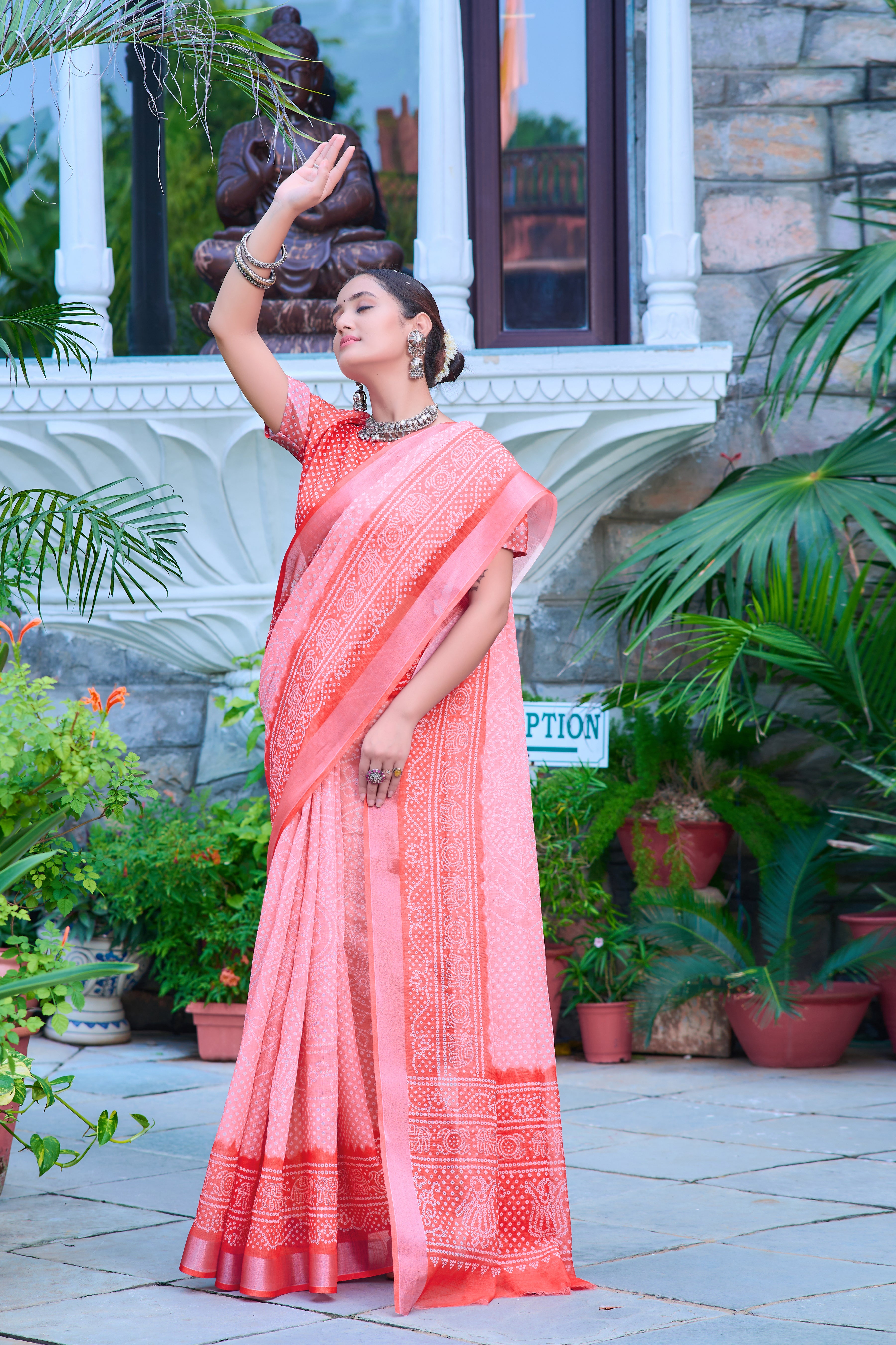 Shining Peach Color Color Pure Cotton Lilen With Digital Printed Designer Saree