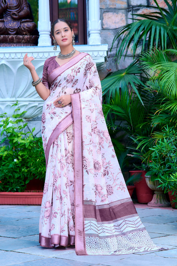 Beautiful Wine Color Color Pure Cotton Lilen With Digital Printed Designer Saree