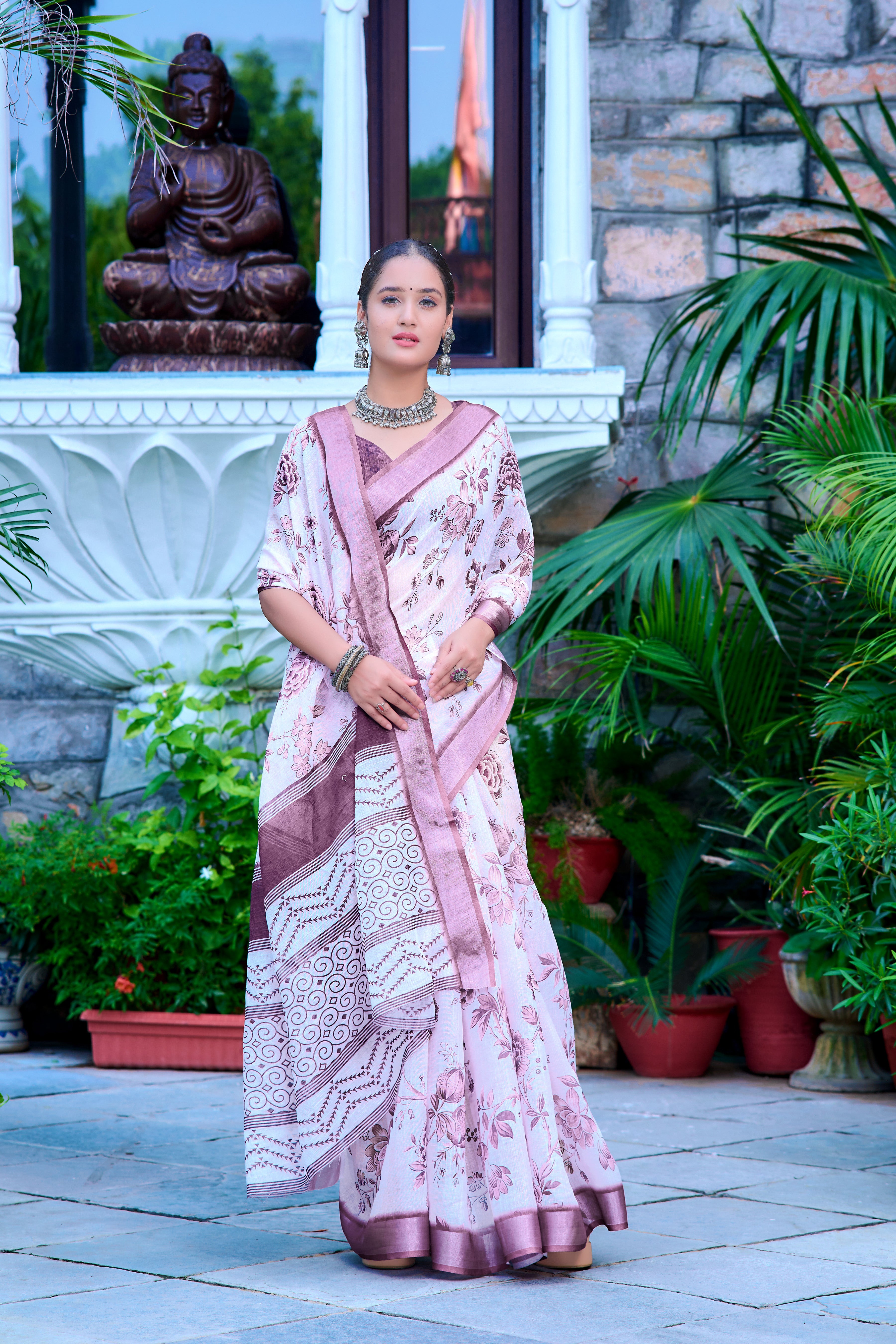 Beautiful Wine Color Color Pure Cotton Lilen With Digital Printed Designer Saree