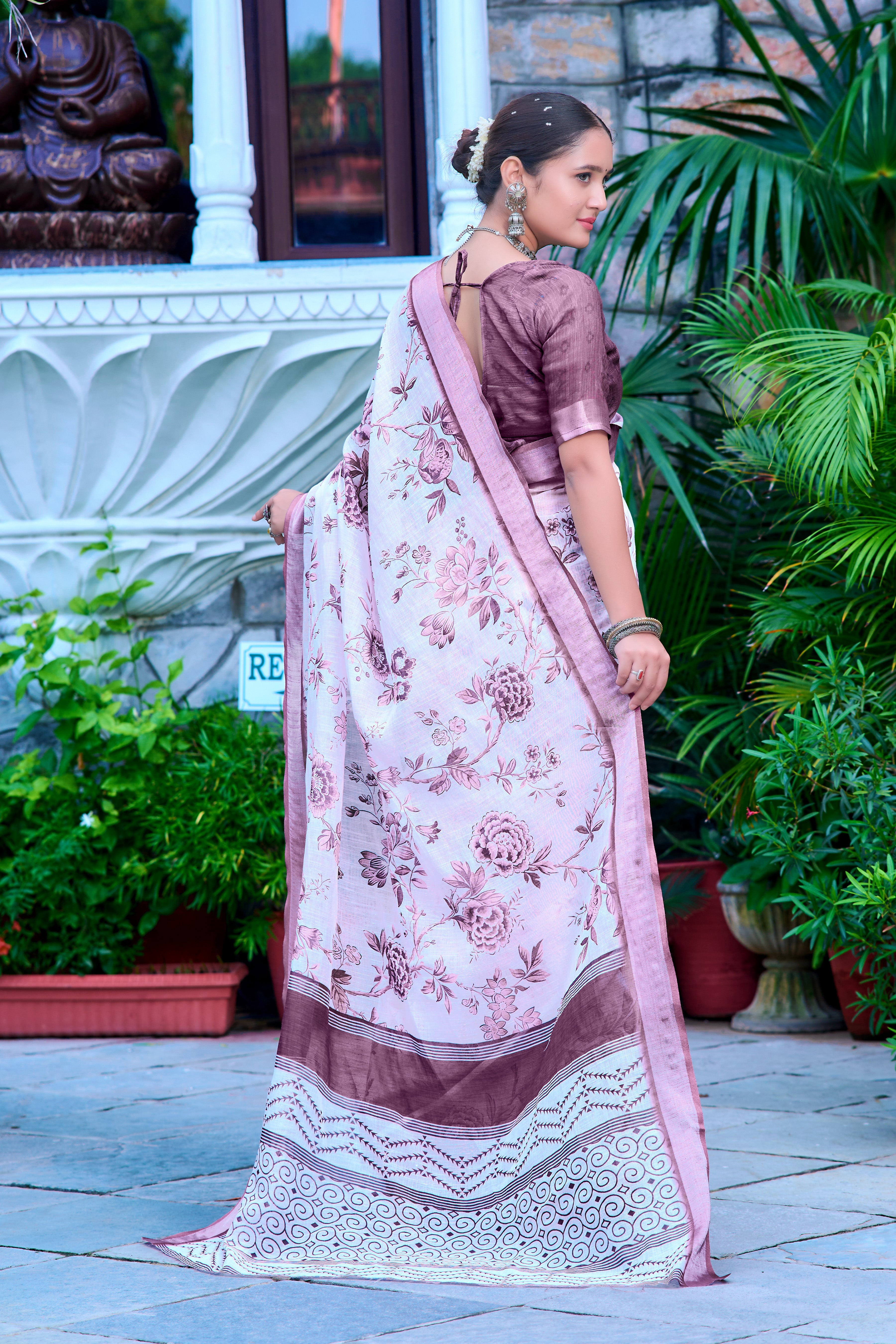 Beautiful Wine Color Color Pure Cotton Lilen With Digital Printed Designer Saree