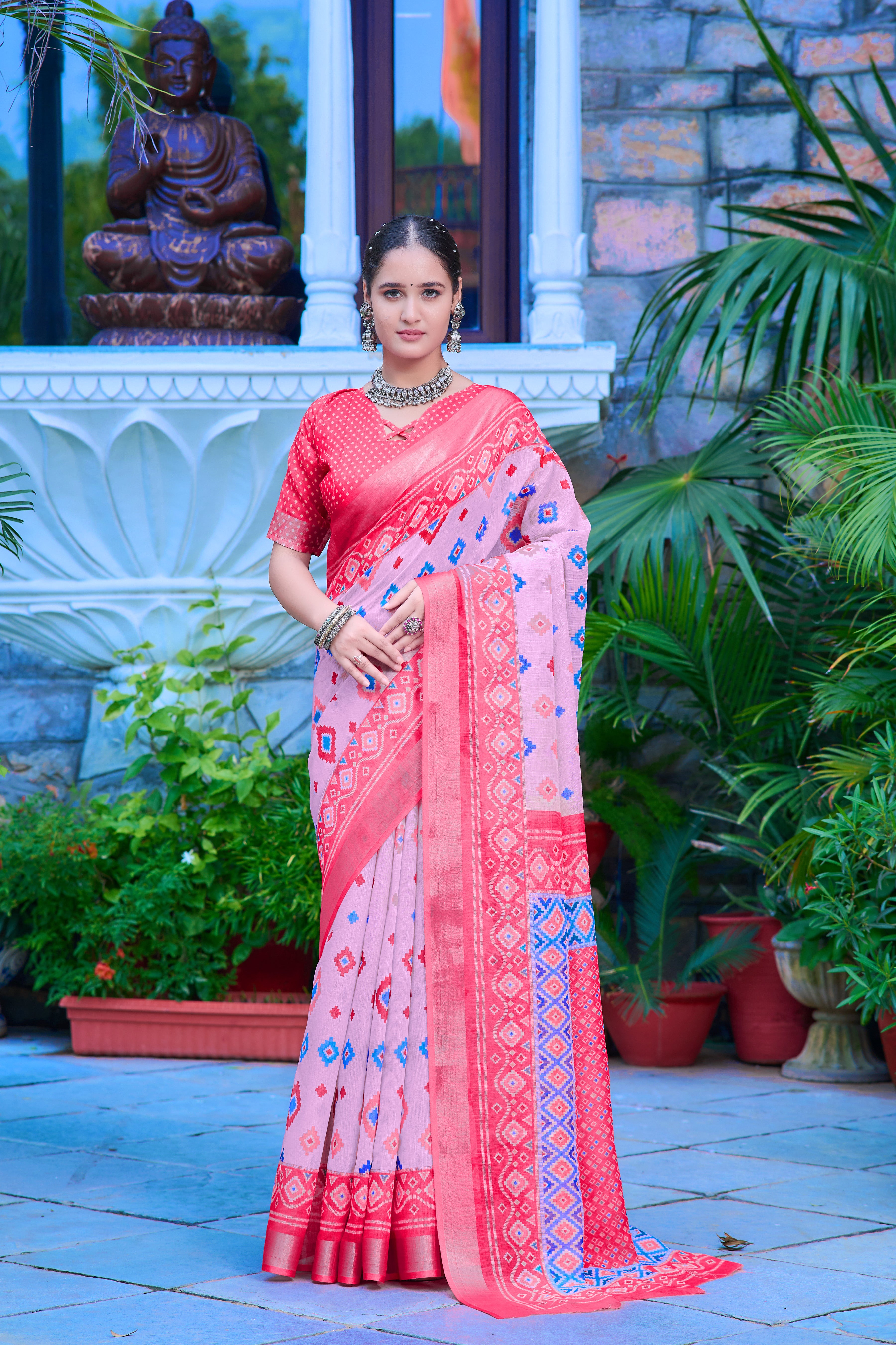 Stylish Baby Pink Color Color Pure Cotton Lilen With Digital Printed Designer Saree