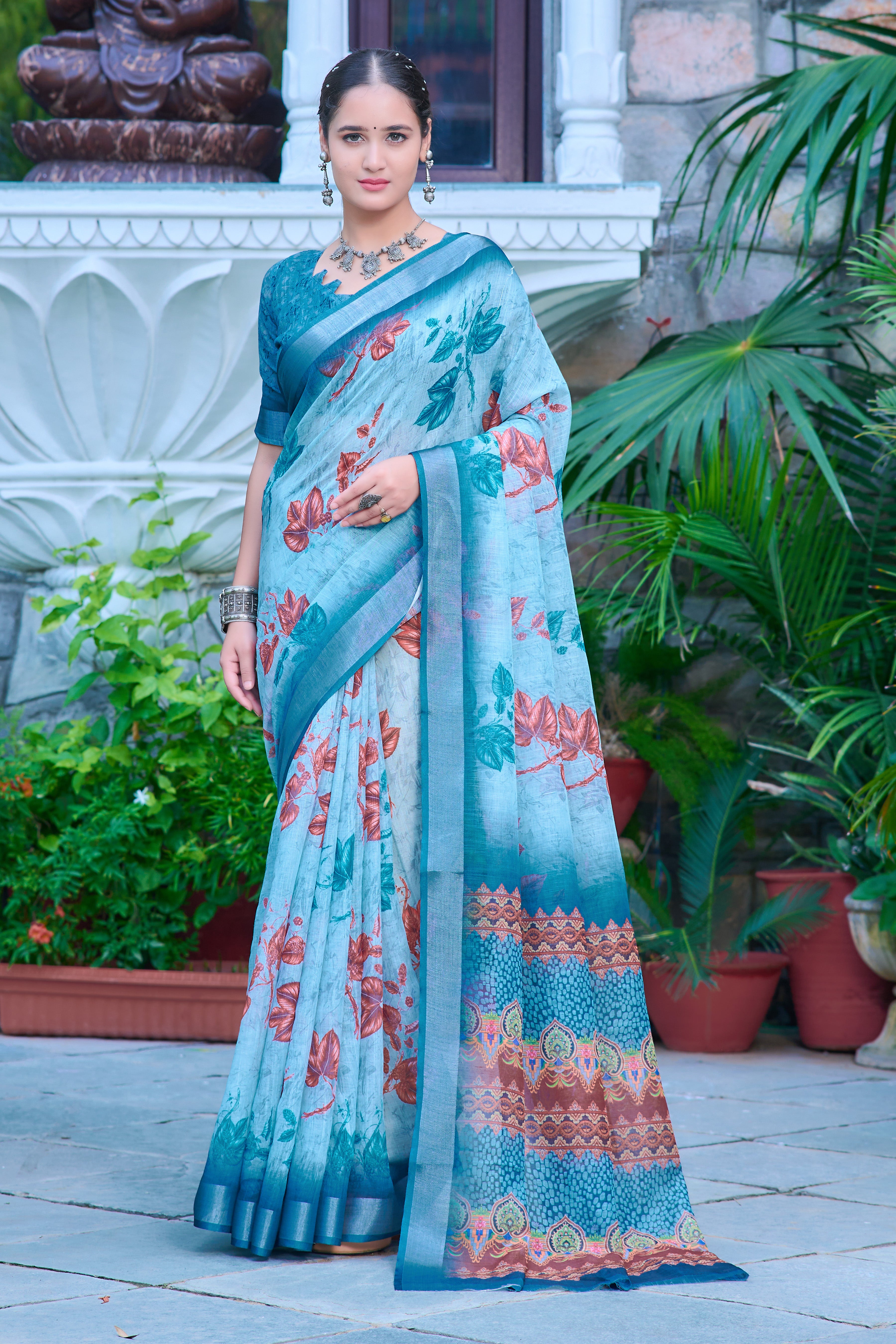 Fancy Sky Blue Color Color Pure Cotton Lilen With Digital Printed Designer Saree