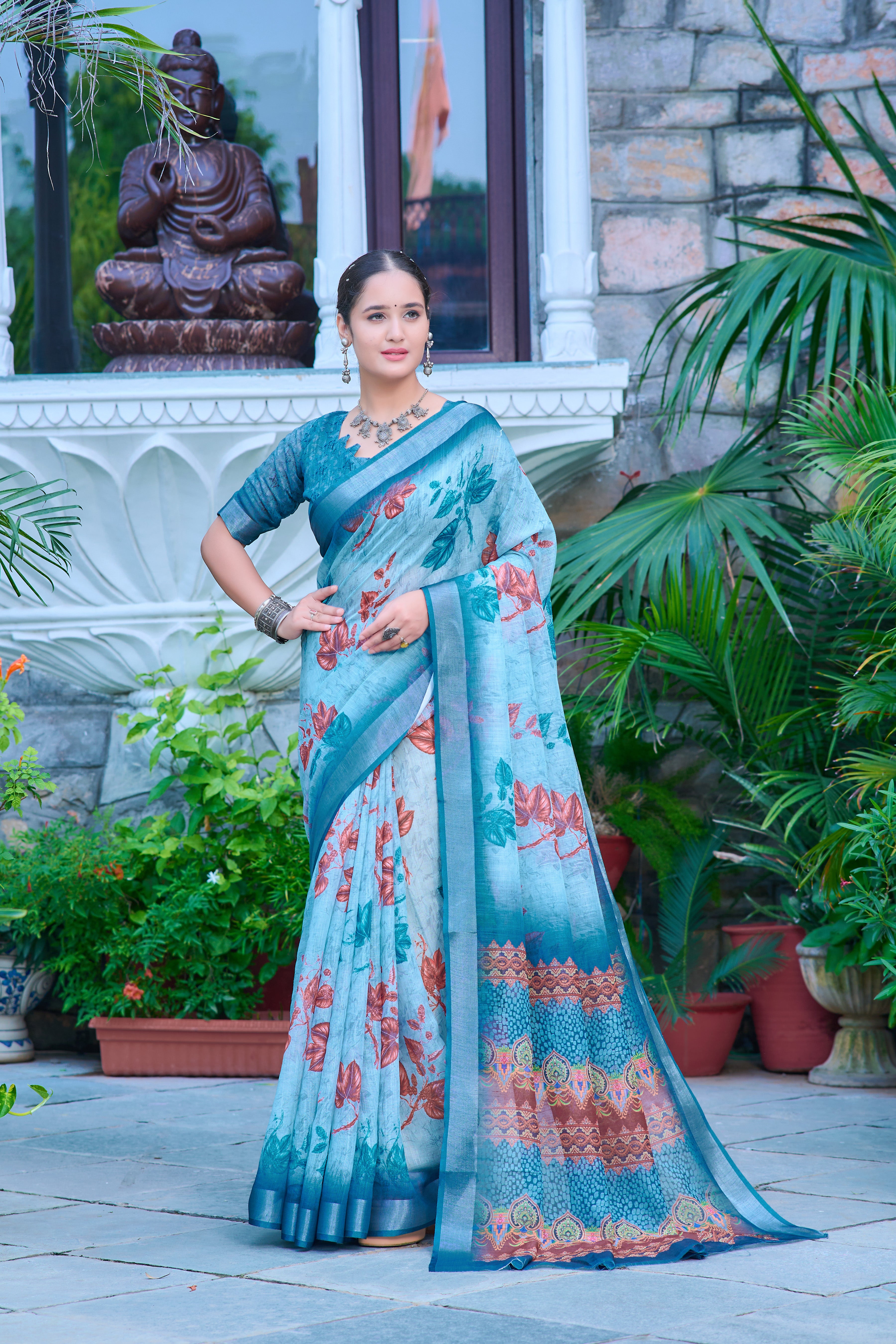 Fancy Sky Blue Color Color Pure Cotton Lilen With Digital Printed Designer Saree