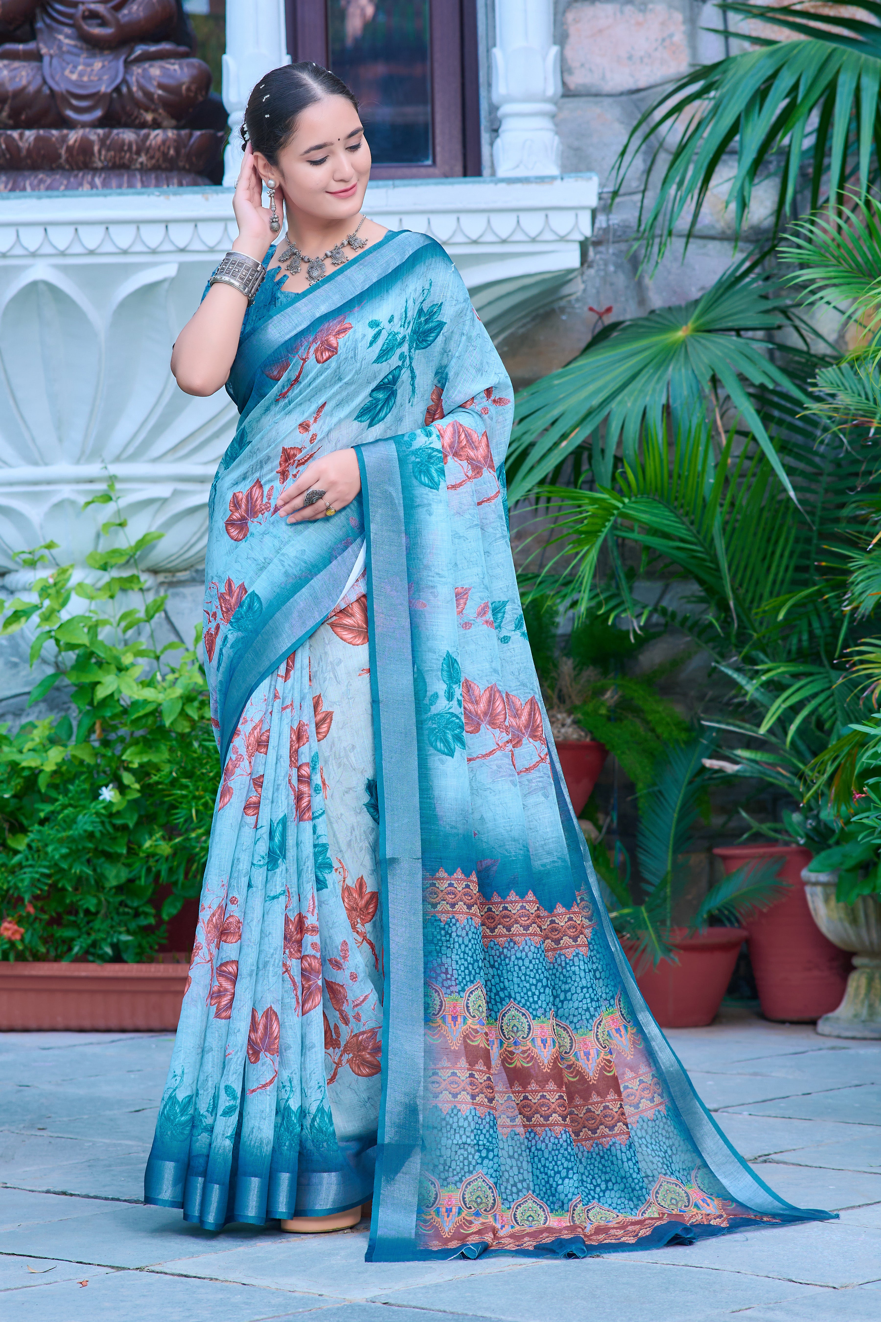 Fancy Sky Blue Color Color Pure Cotton Lilen With Digital Printed Designer Saree