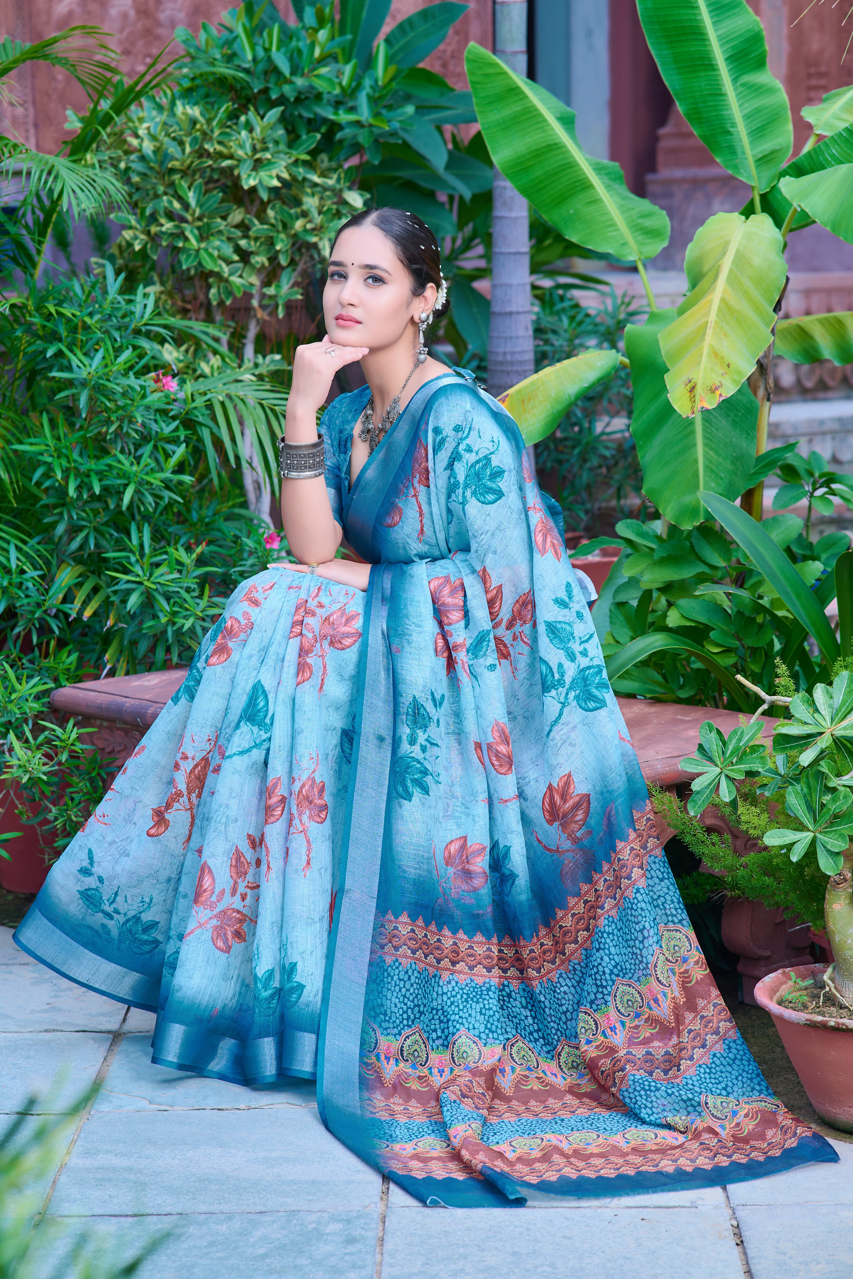 Fancy Sky Blue Color Color Pure Cotton Lilen With Digital Printed Designer Saree