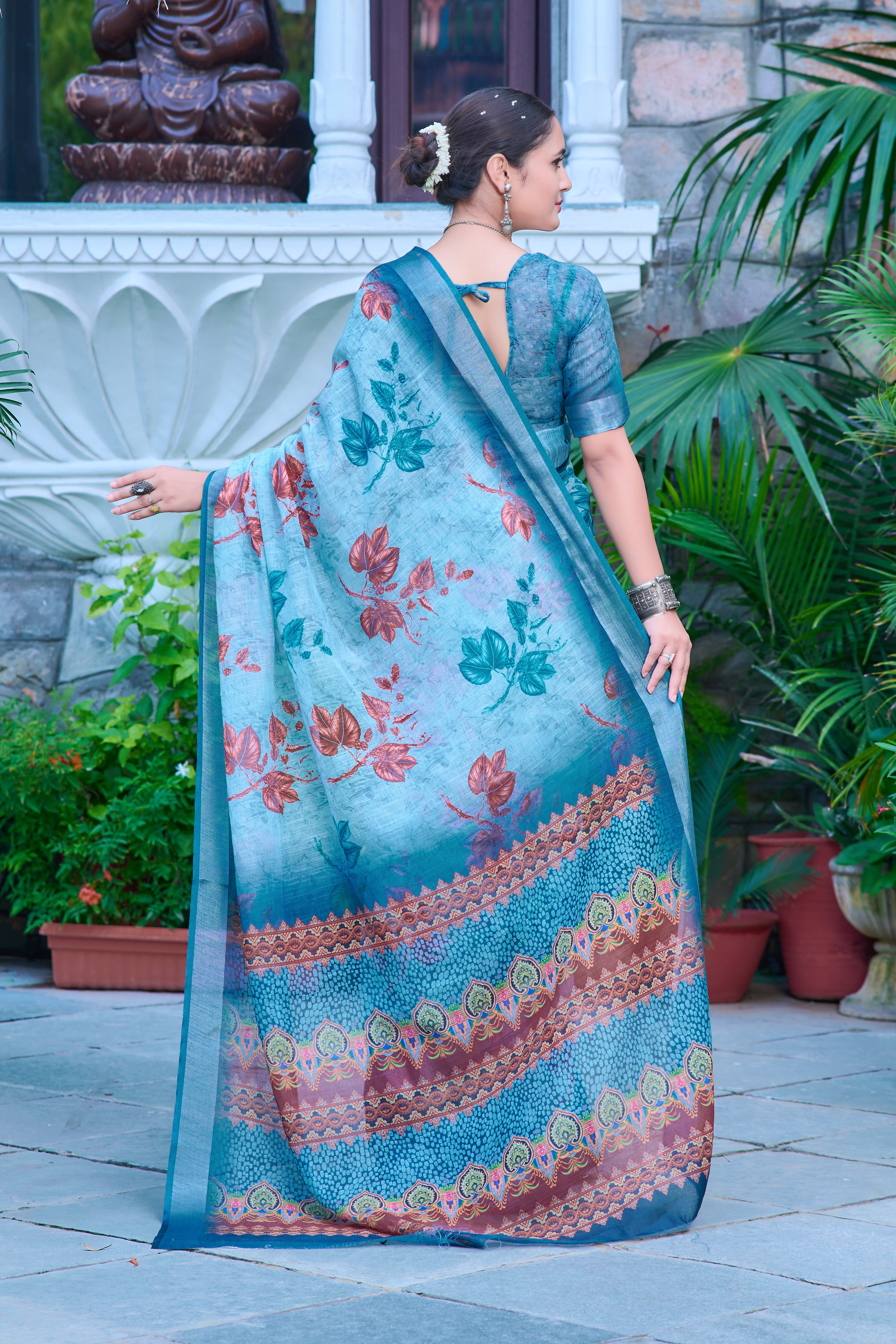 Fancy Sky Blue Color Color Pure Cotton Lilen With Digital Printed Designer Saree