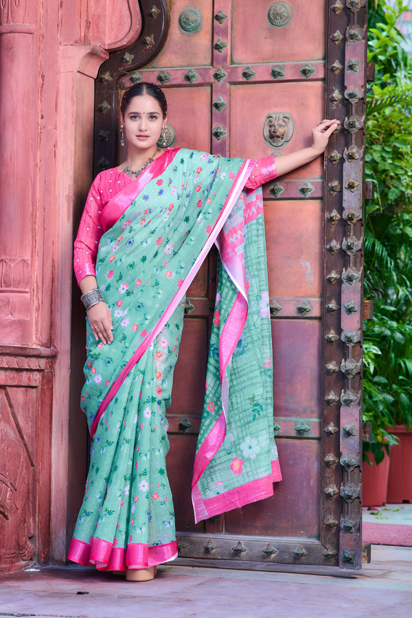 Daisy Parrot Green Color Color Pure Cotton Lilen With Digital Printed Designer Saree