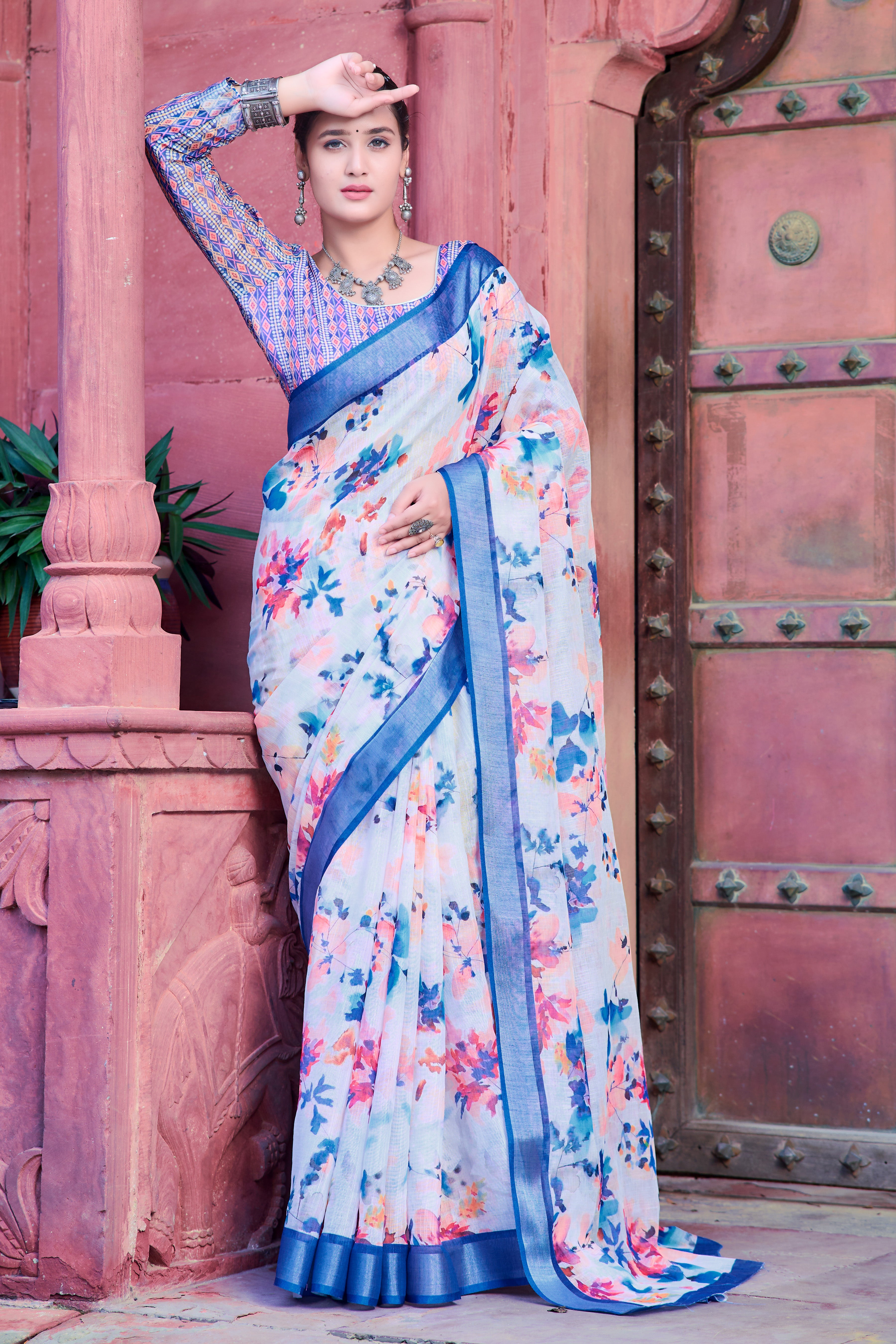 Fabulous Blue And White Color Color Pure Cotton Lilen With Digital Printed Designer Saree