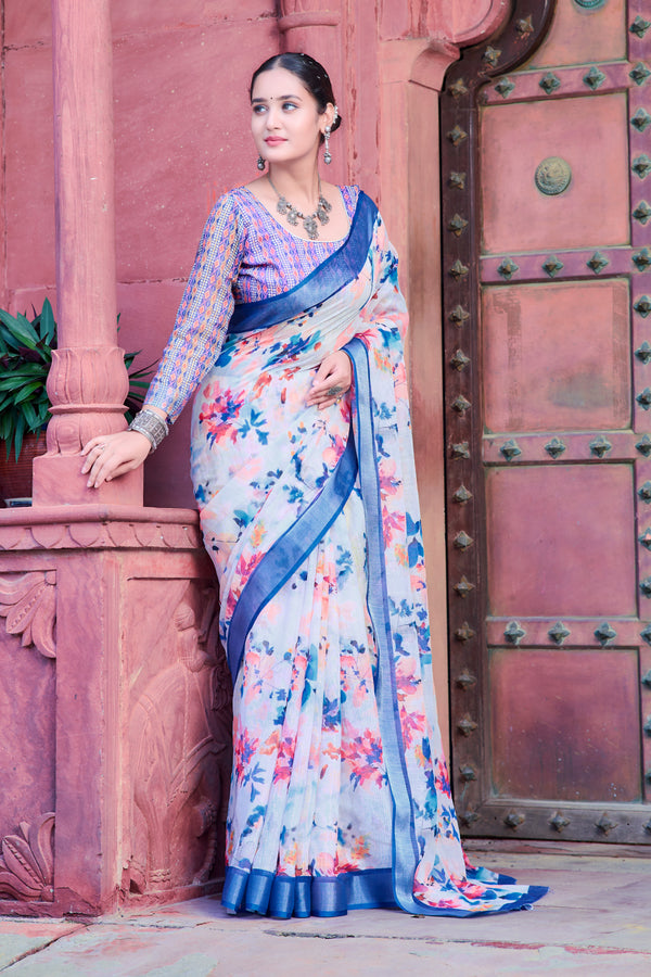 Fabulous Blue And White Color Color Pure Cotton Lilen With Digital Printed Designer Saree