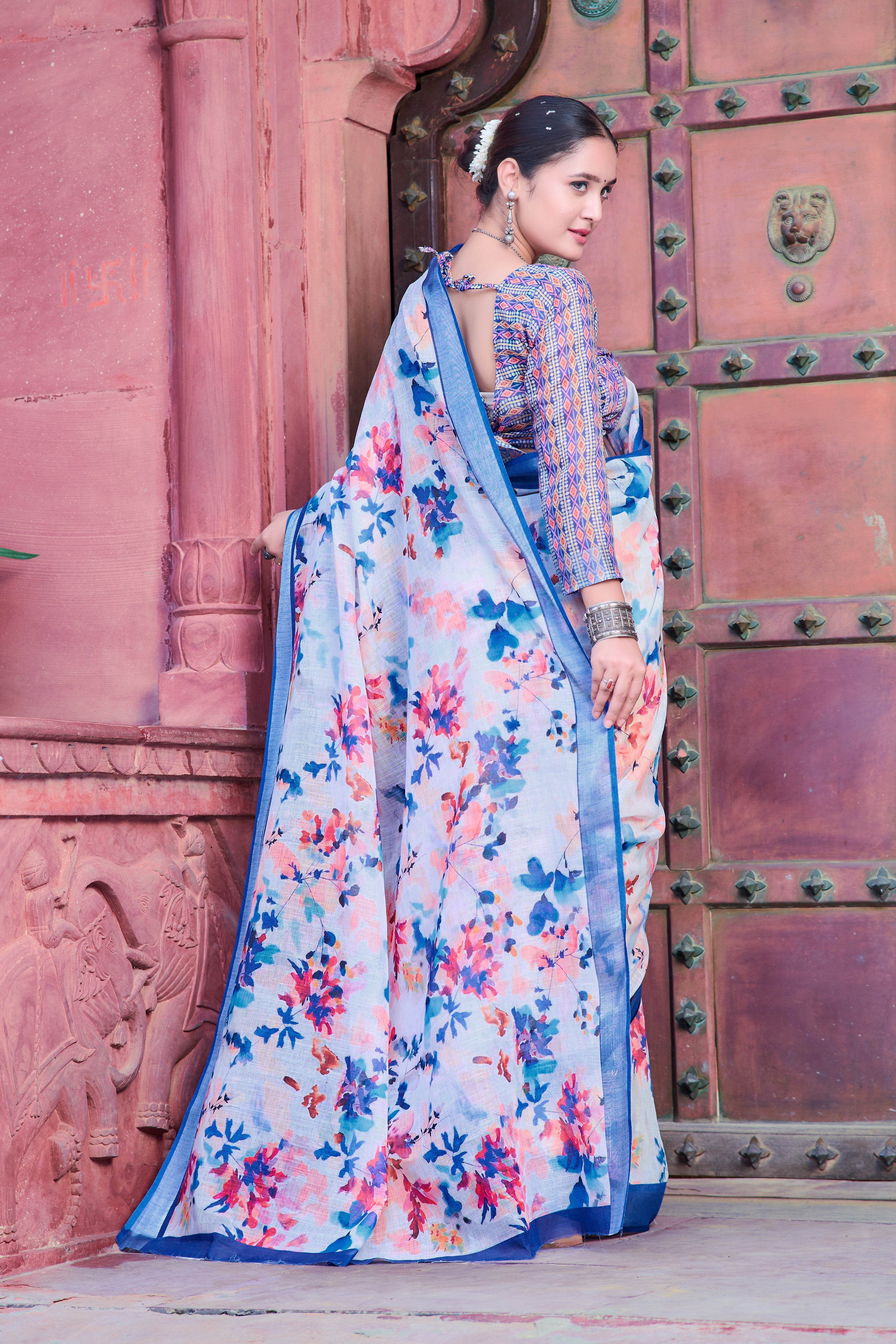 Fabulous Blue And White Color Color Pure Cotton Lilen With Digital Printed Designer Saree