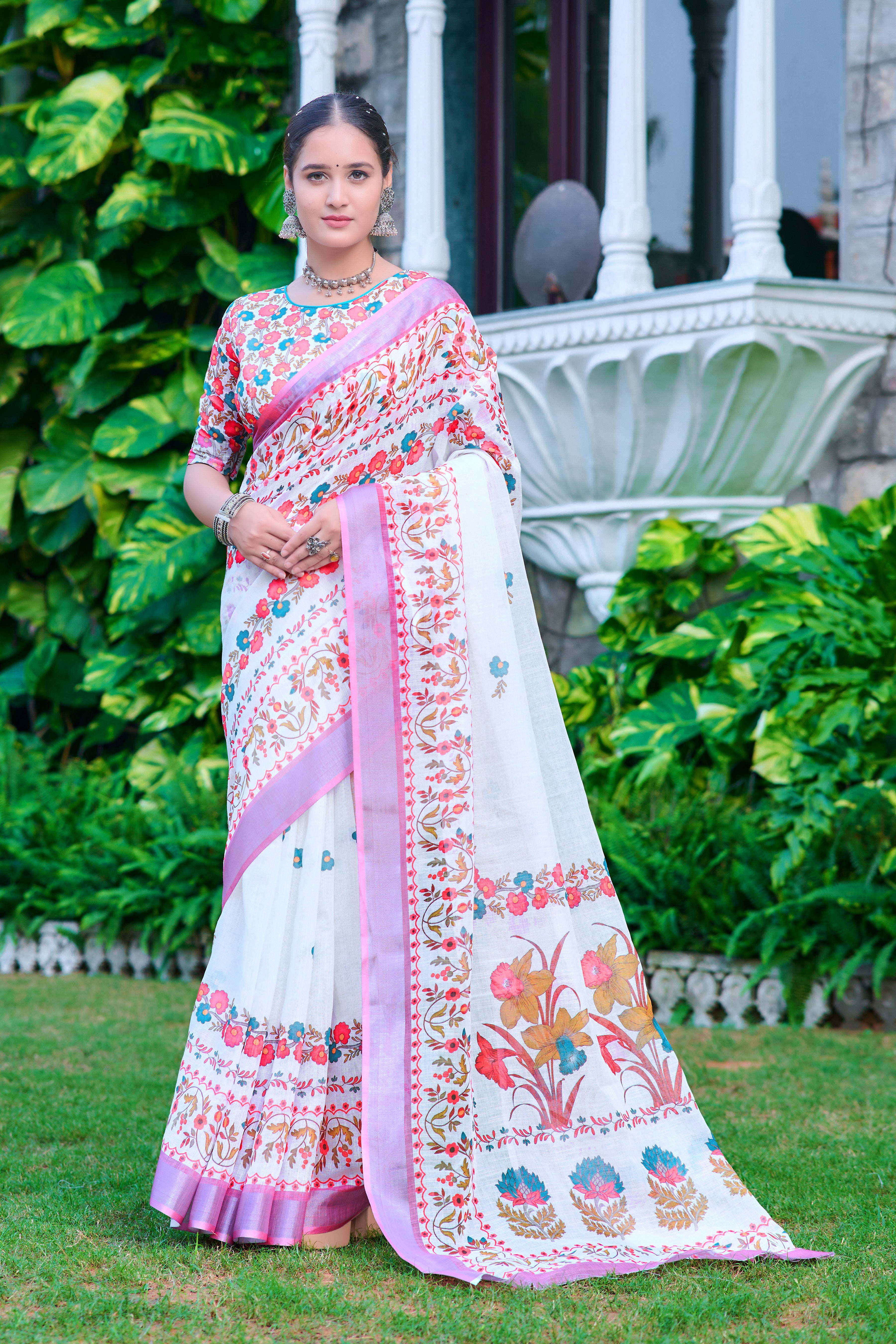 Precious White And Lavender Color Color Pure Cotton Lilen With Digital Printed Designer Saree