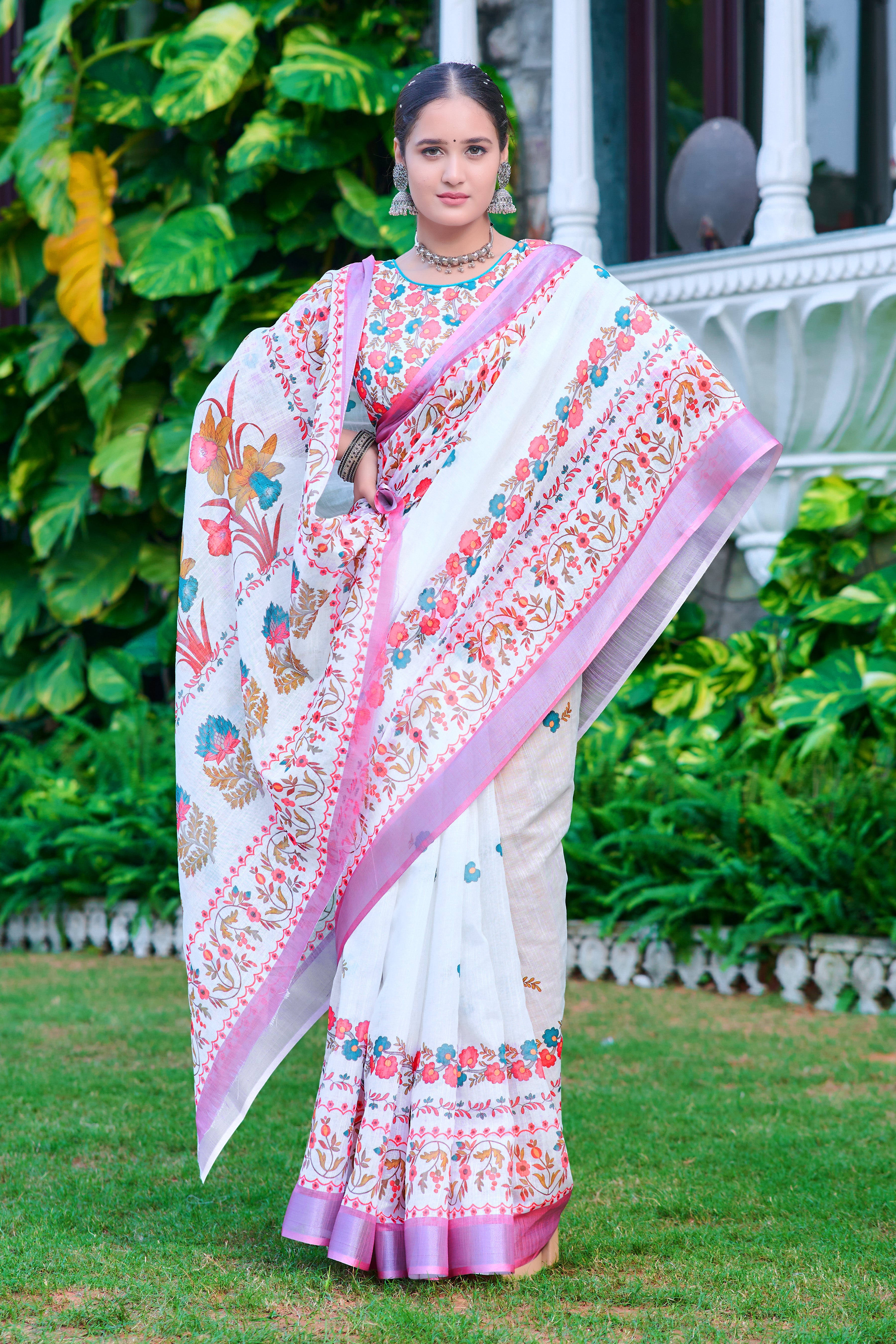 Precious White And Lavender Color Color Pure Cotton Lilen With Digital Printed Designer Saree