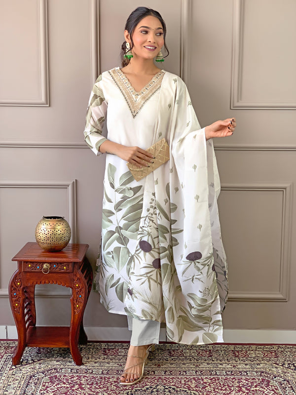 Admiring Off White Color Fancy Crepe Embroidered and Printed Kurta Pant Dupatta Set