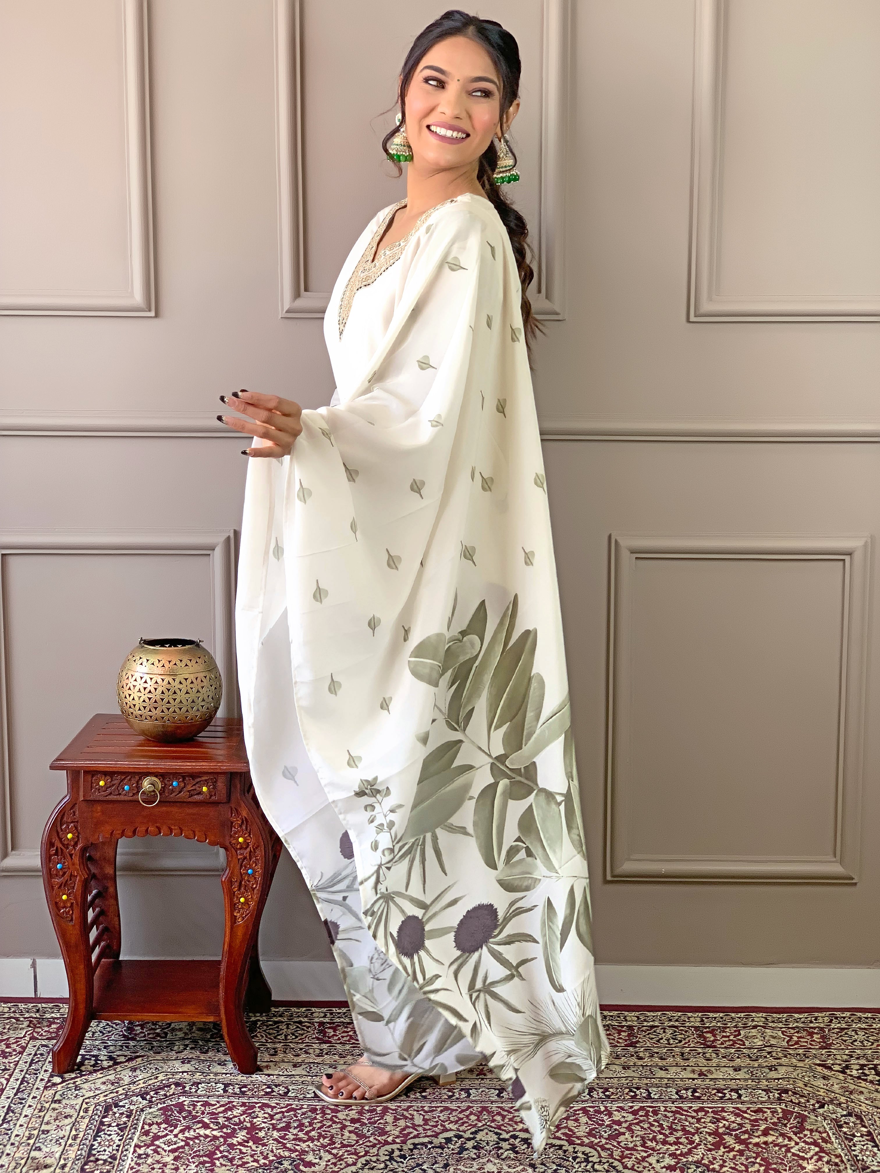 Admiring Off White Color Fancy Crepe Embroidered and Printed Kurta Pant Dupatta Set