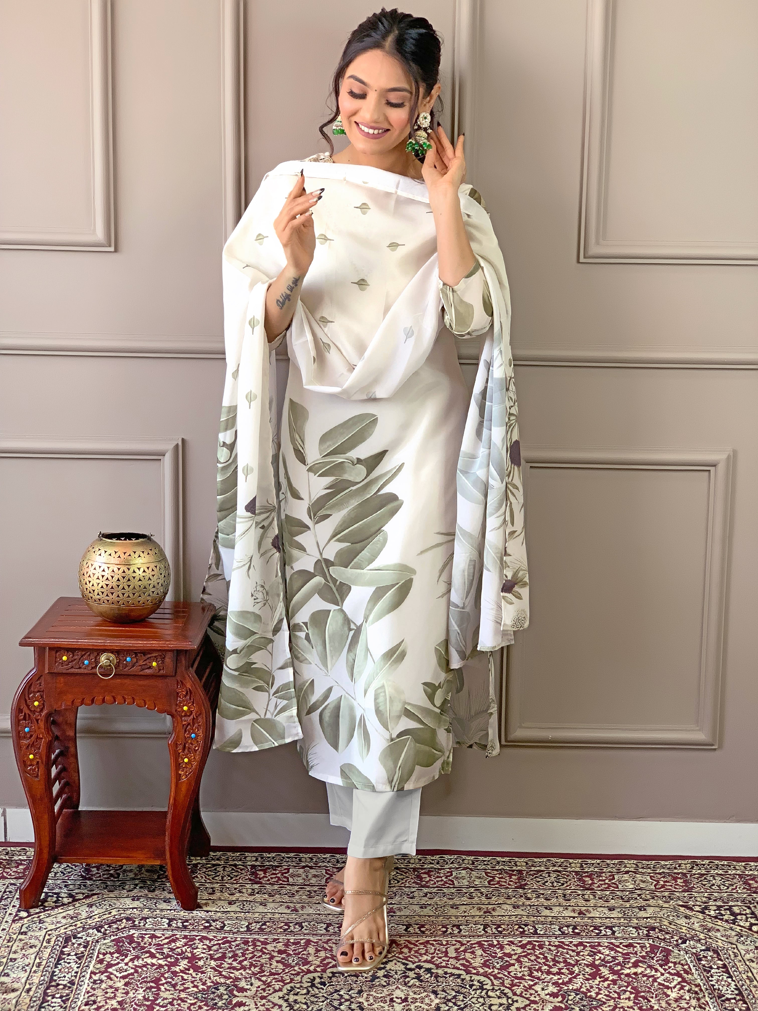 Admiring Off White Color Fancy Crepe Embroidered and Printed Kurta Pant Dupatta Set