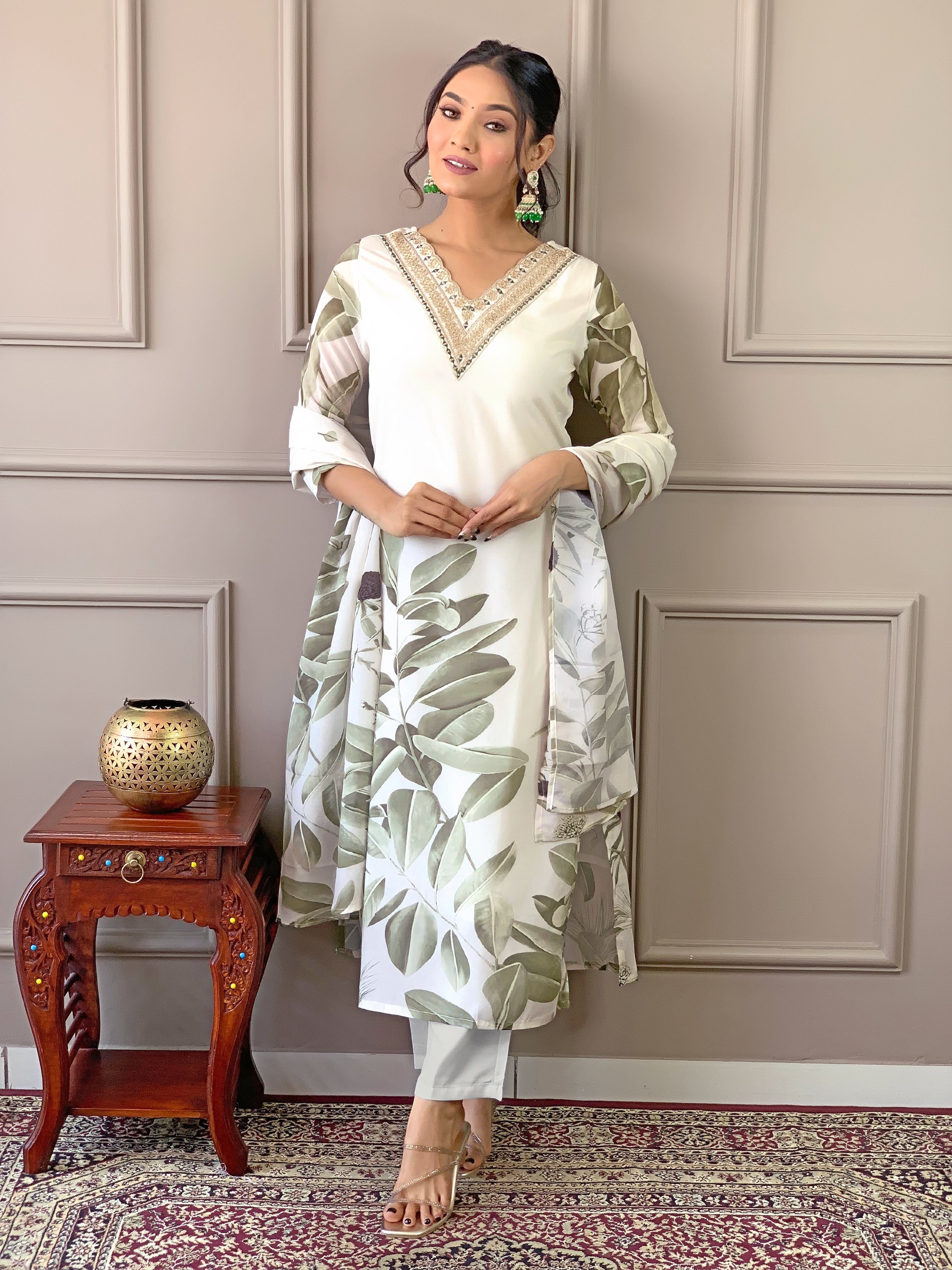 Admiring Off White Color Fancy Crepe Embroidered and Printed Kurta Pant Dupatta Set