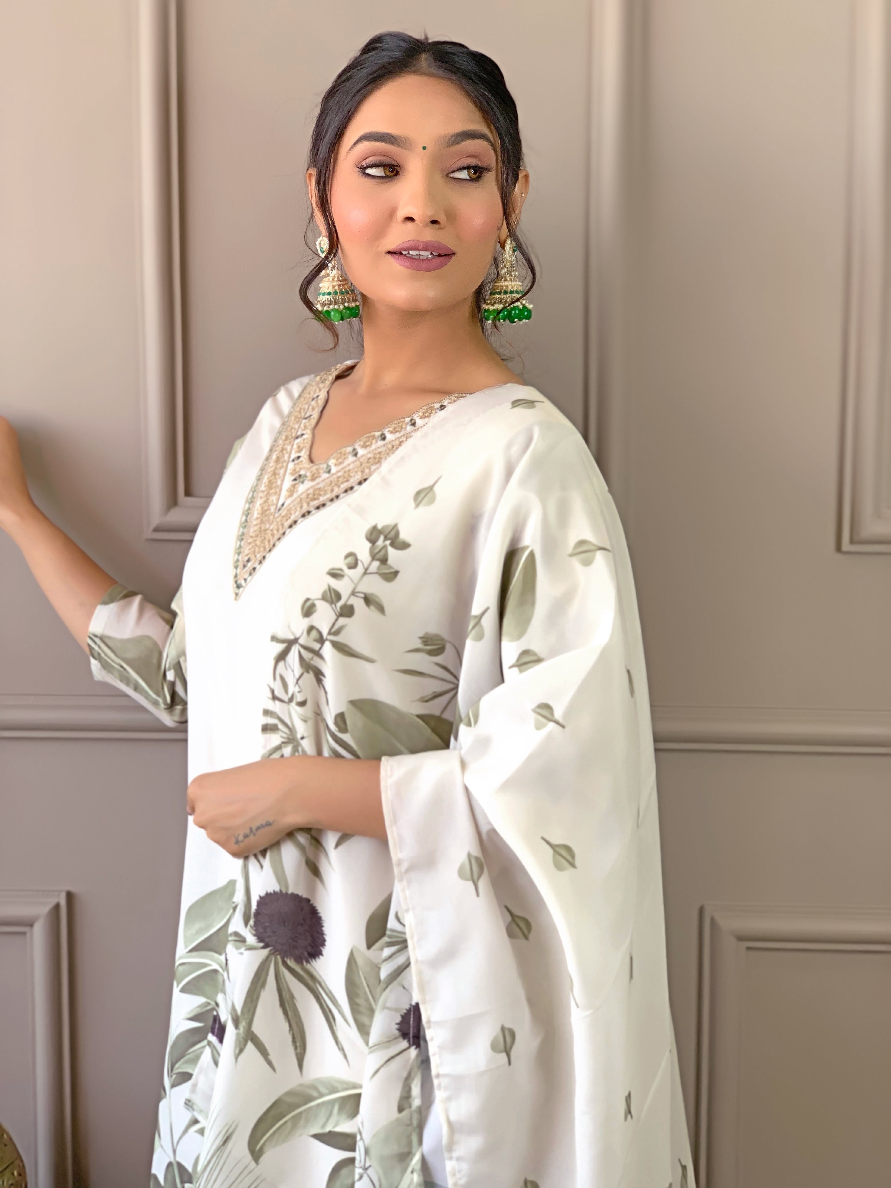 Admiring Off White Color Fancy Crepe Embroidered and Printed Kurta Pant Dupatta Set