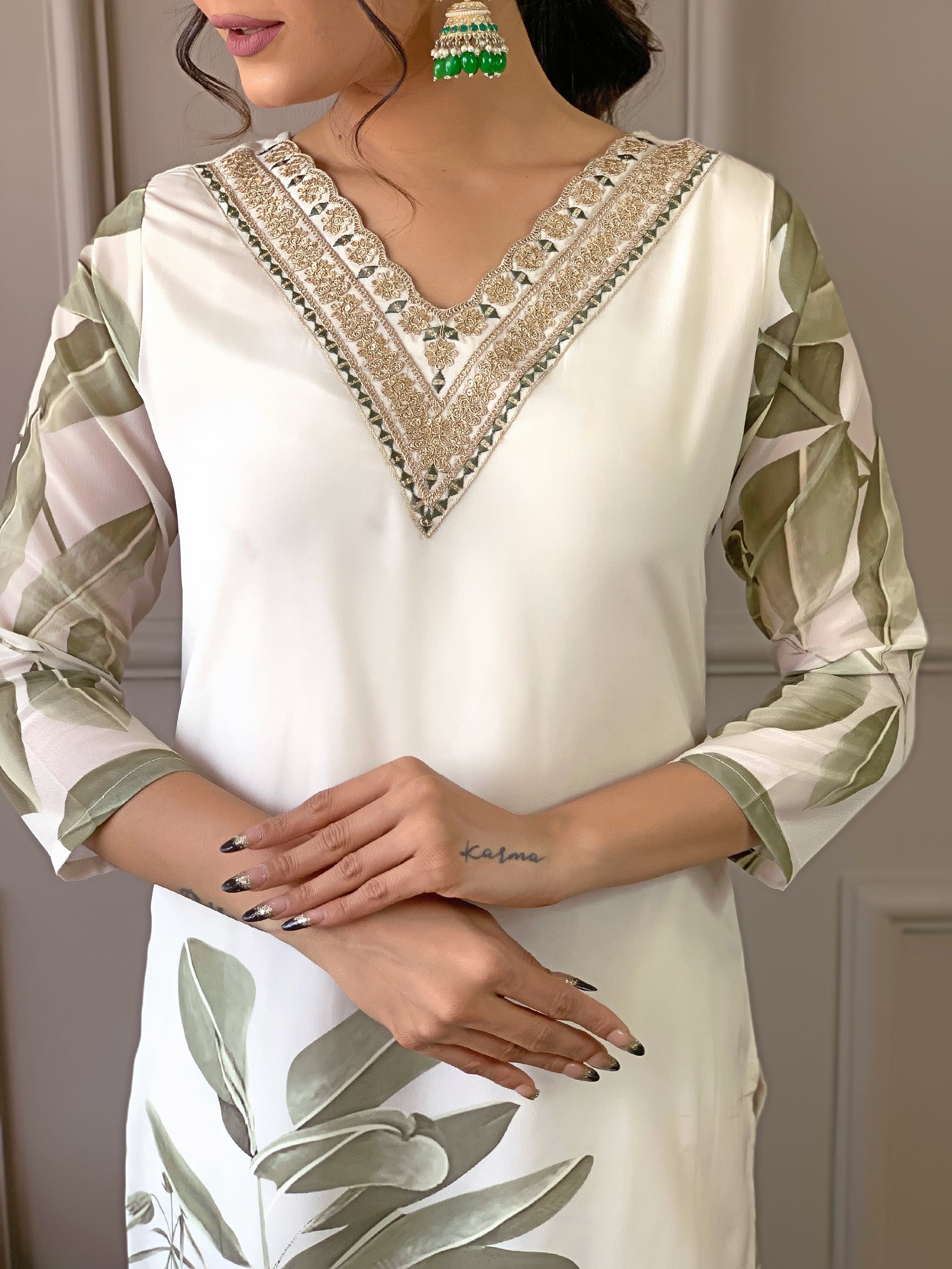 Admiring Off White Color Fancy Crepe Embroidered and Printed Kurta Pant Dupatta Set