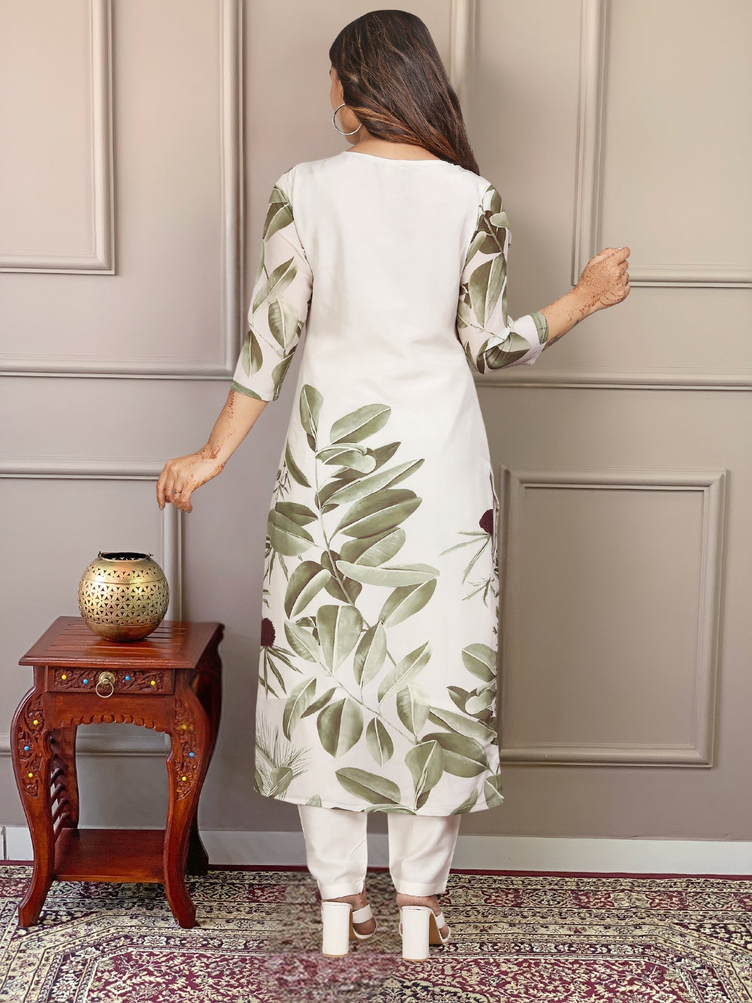Admiring Off White Color Fancy Crepe Embroidered and Printed Kurta Pant Dupatta Set