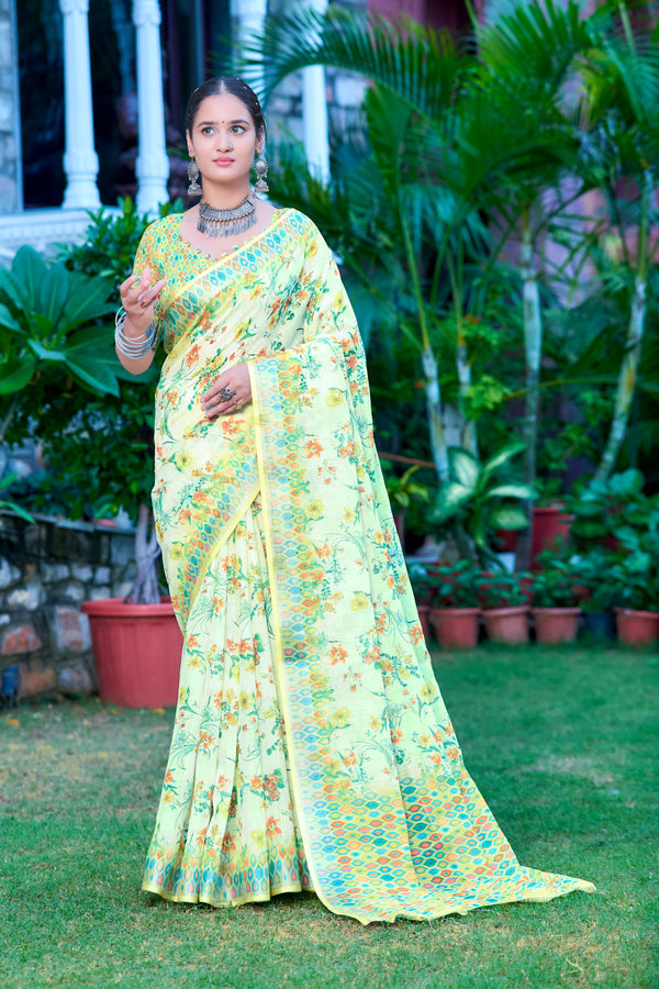 Awesome Green Color Color Pure Cotton Lilen With Digital Printed Designer Saree