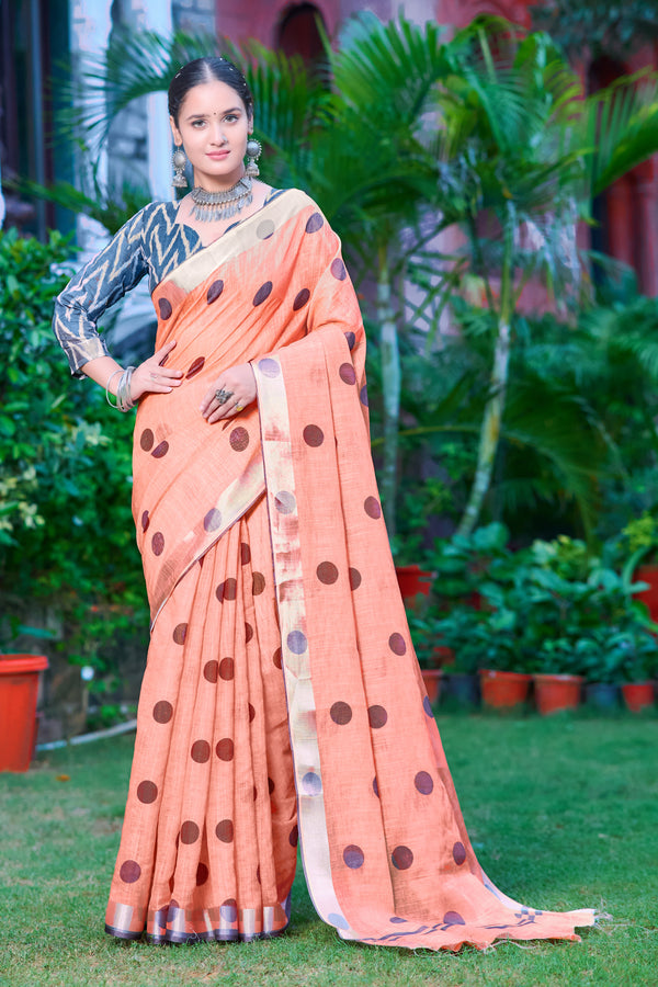 Demanding Orange Color Color Pure Cotton Lilen With Digital Printed Designer Saree