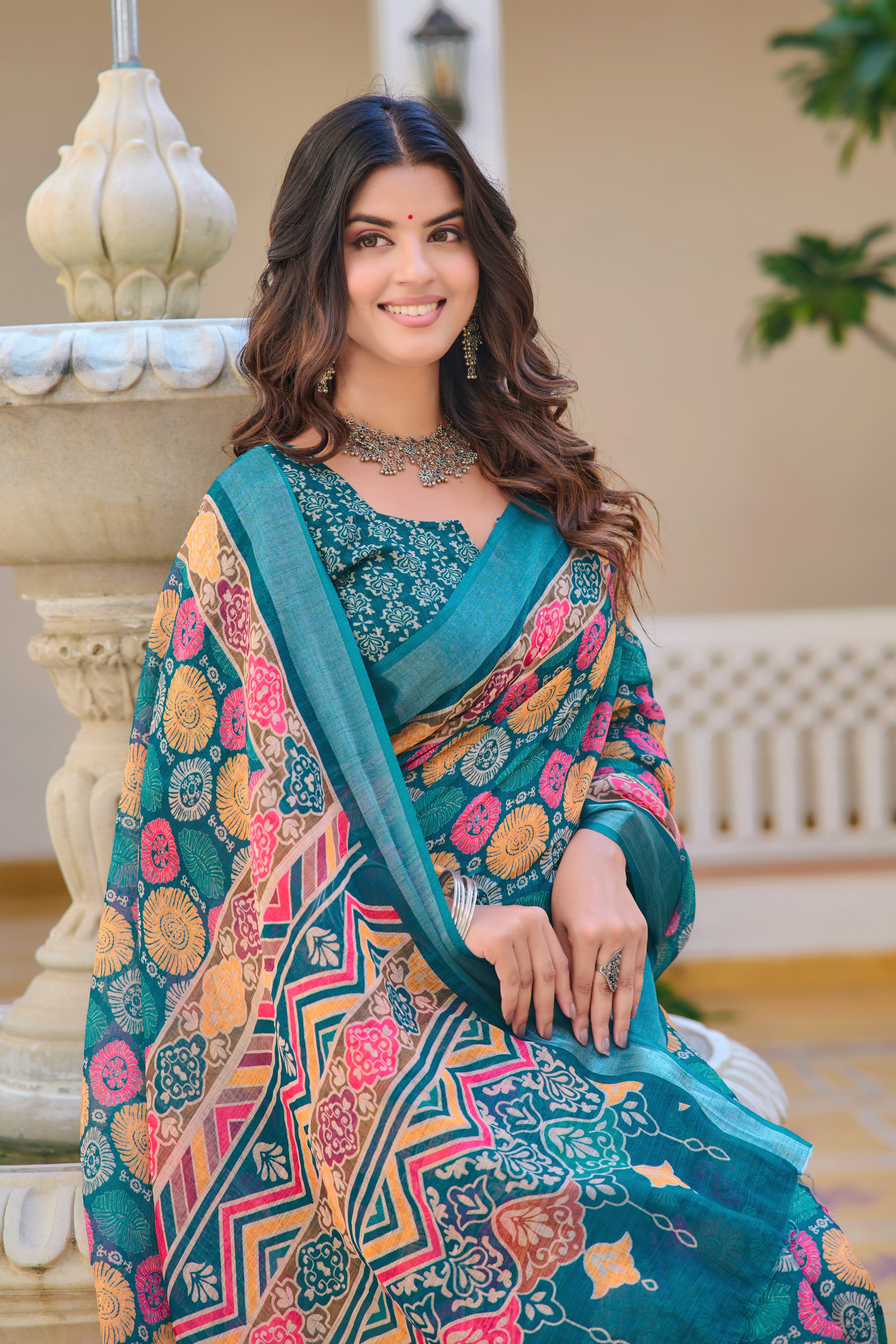 Captivating Sky Blue Color Color Pure Cotton Lilen With Digital Printed Designer Saree