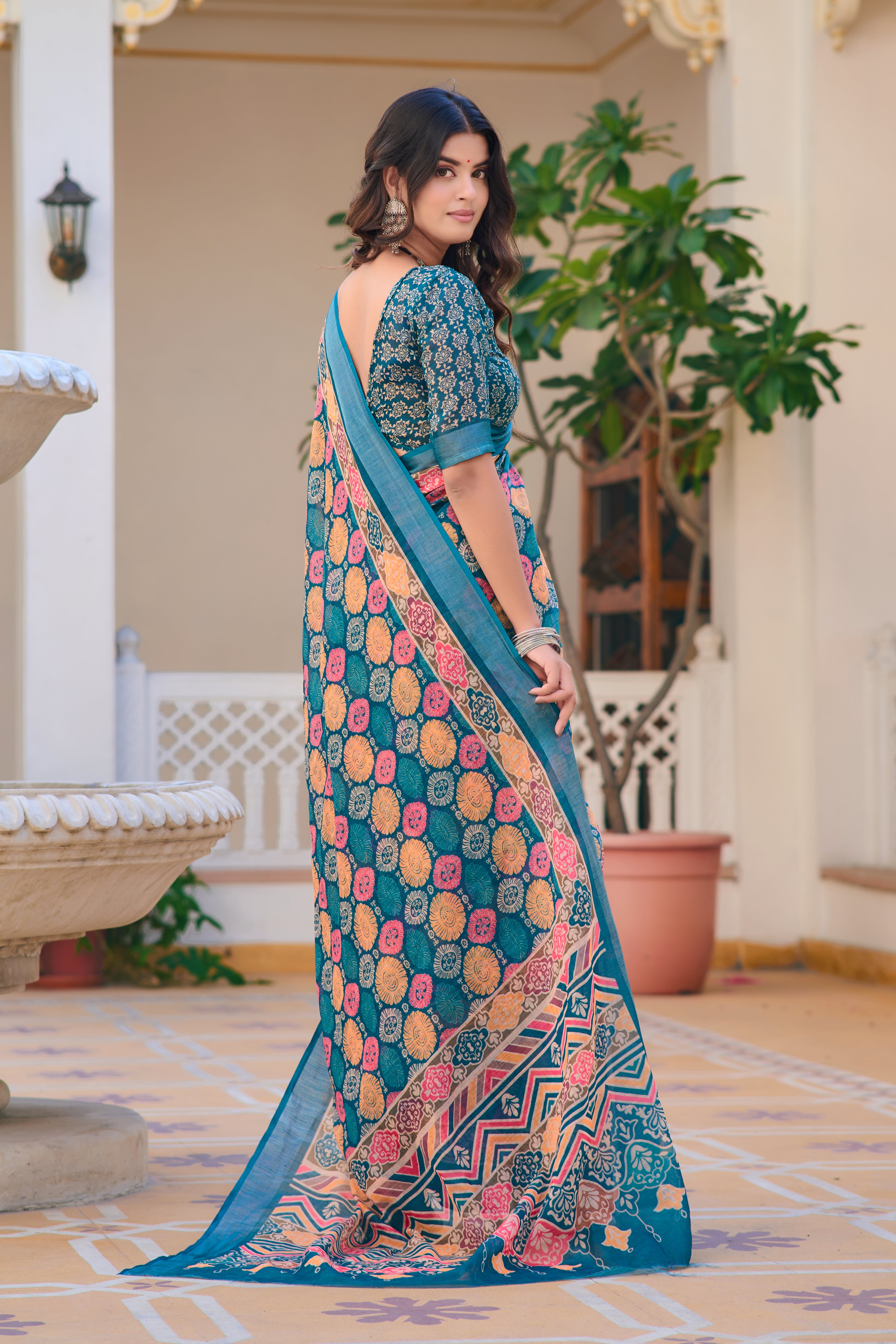 Captivating Sky Blue Color Color Pure Cotton Lilen With Digital Printed Designer Saree