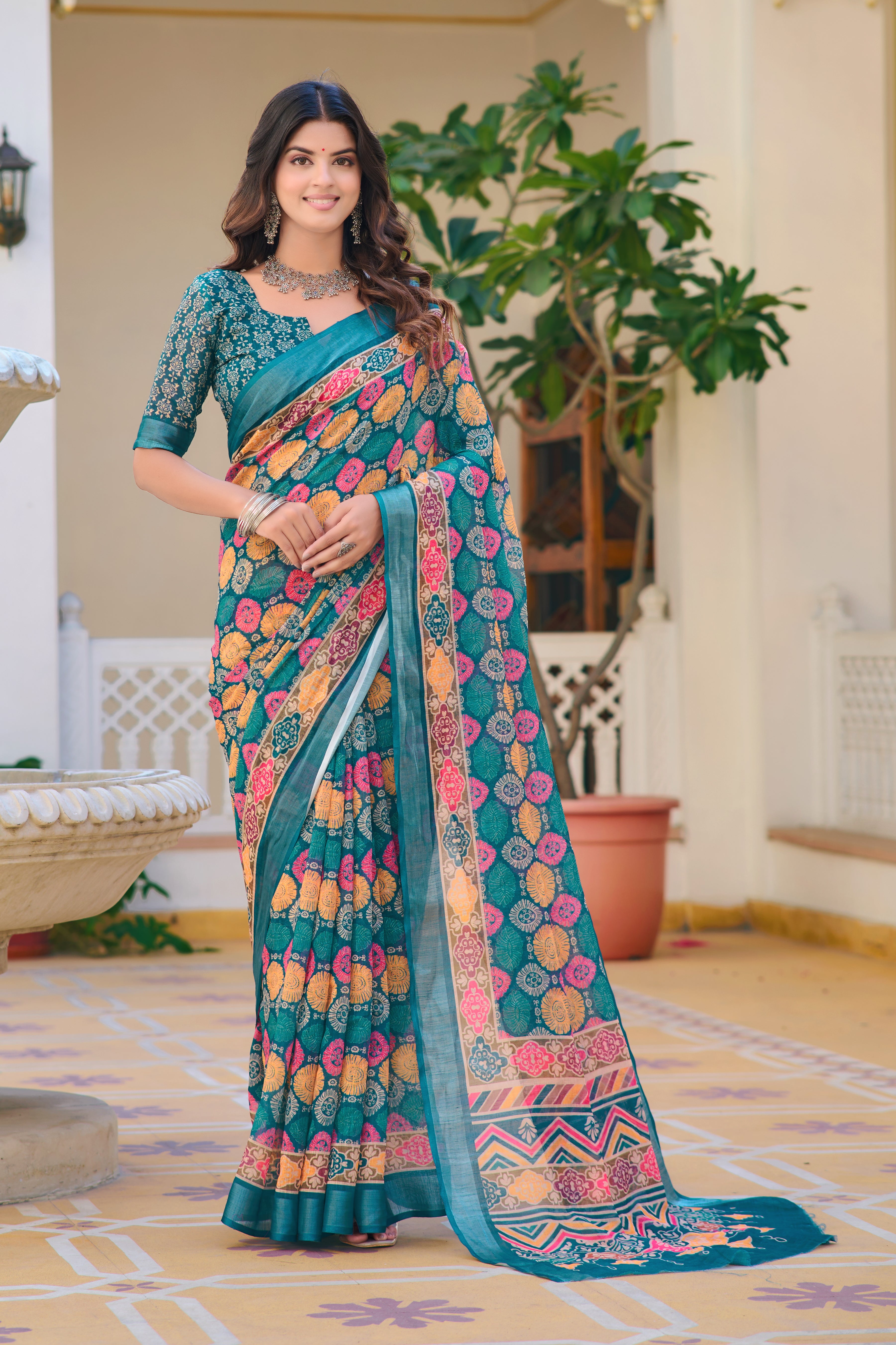 Captivating Sky Blue Color Color Pure Cotton Lilen With Digital Printed Designer Saree