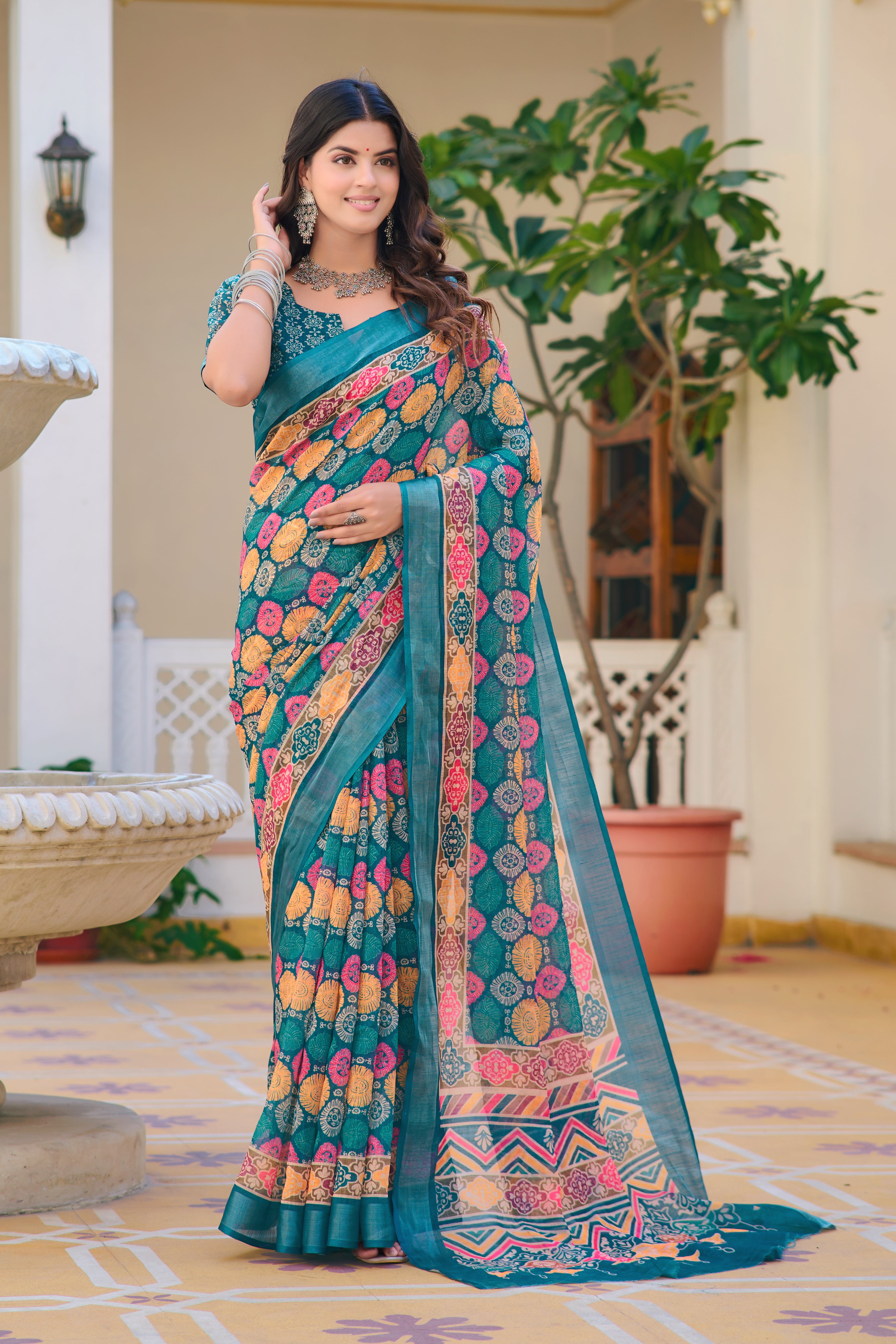 Captivating Sky Blue Color Color Pure Cotton Lilen With Digital Printed Designer Saree