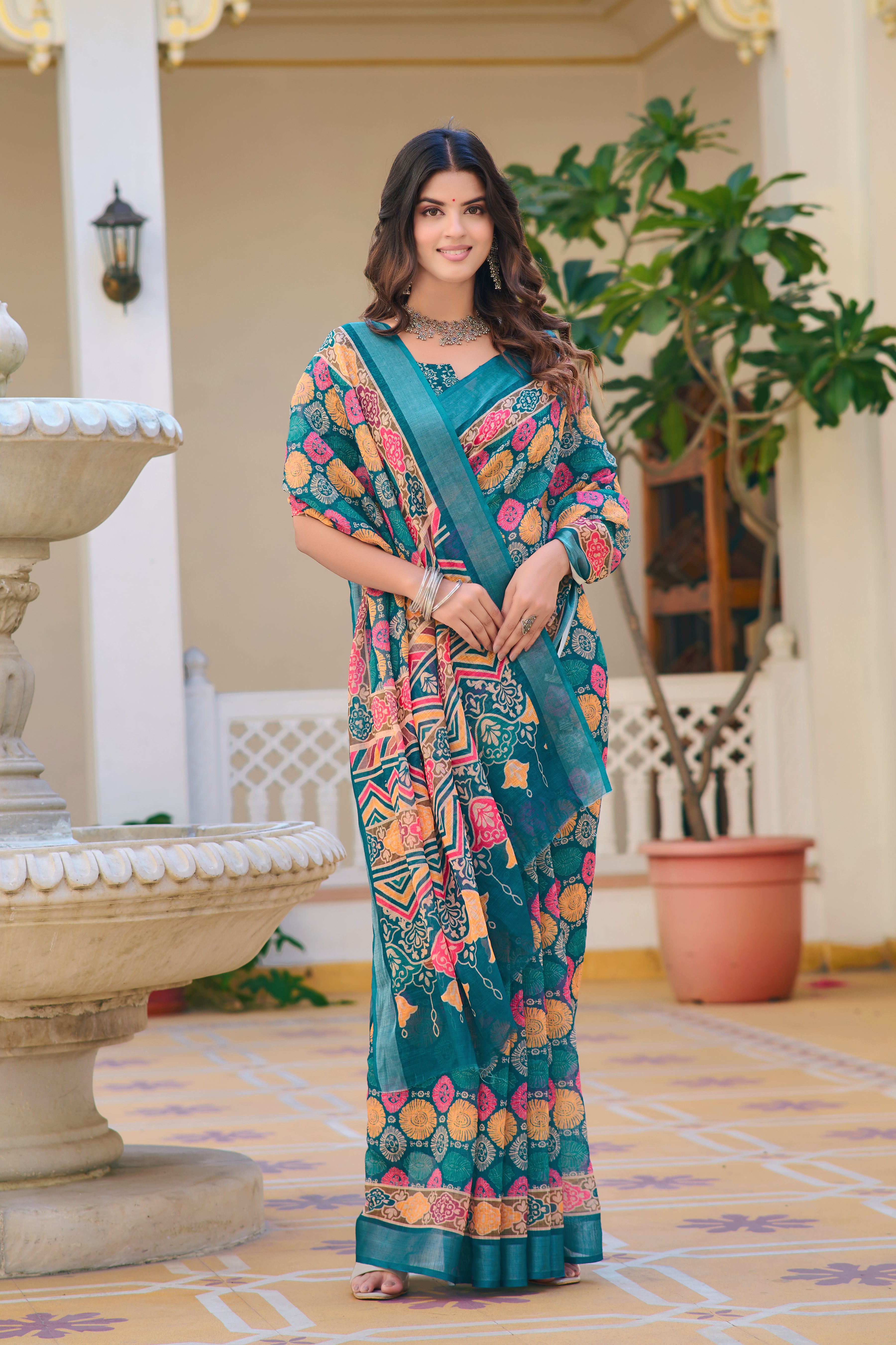 Captivating Sky Blue Color Color Pure Cotton Lilen With Digital Printed Designer Saree