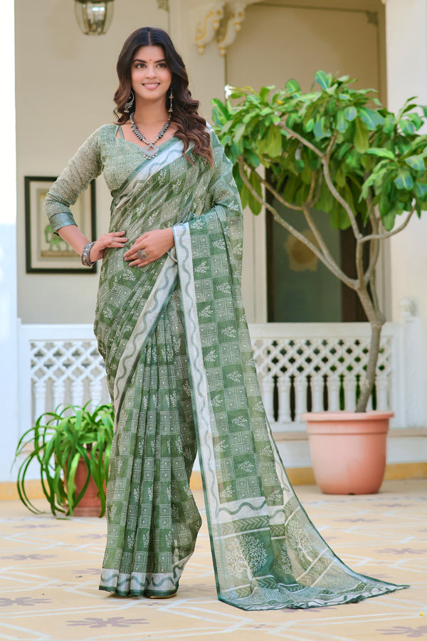 Luxuriant Mahendi Green Color Color Pure Cotton Lilen With Digital Printed Designer Saree