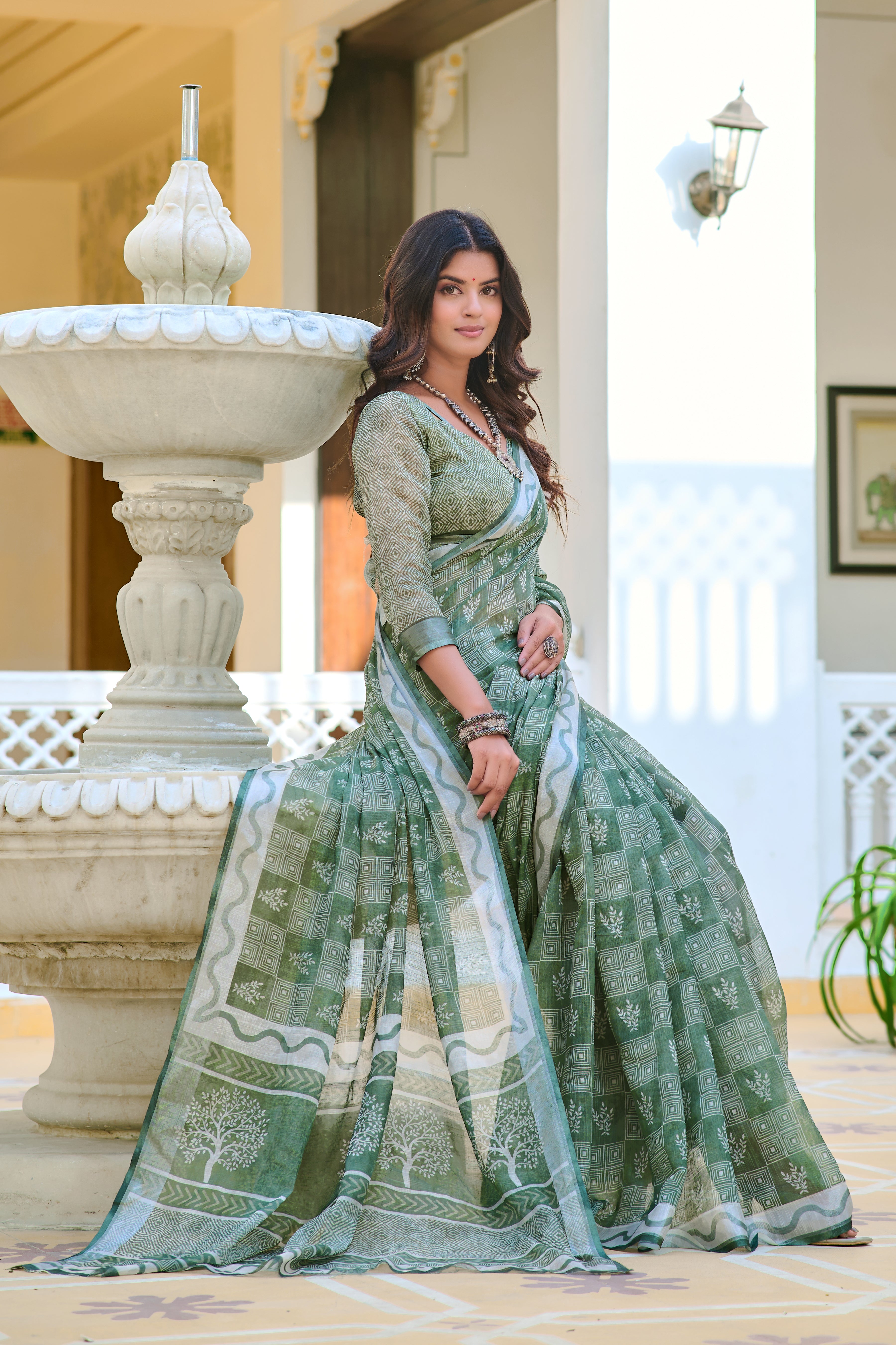 Luxuriant Mahendi Green Color Color Pure Cotton Lilen With Digital Printed Designer Saree