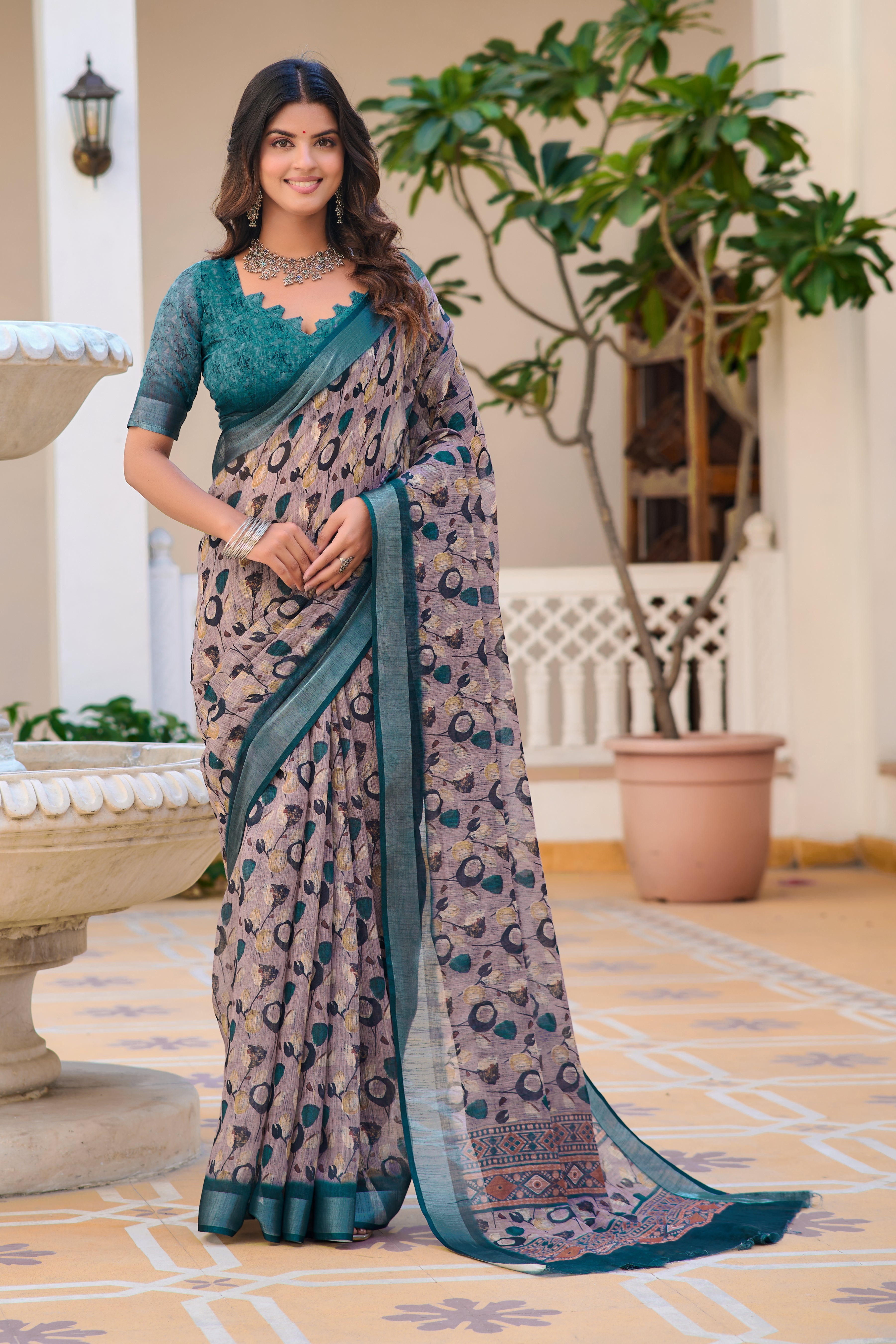 Luxury Coffee Color Color Pure Cotton Lilen With Digital Printed Designer Saree